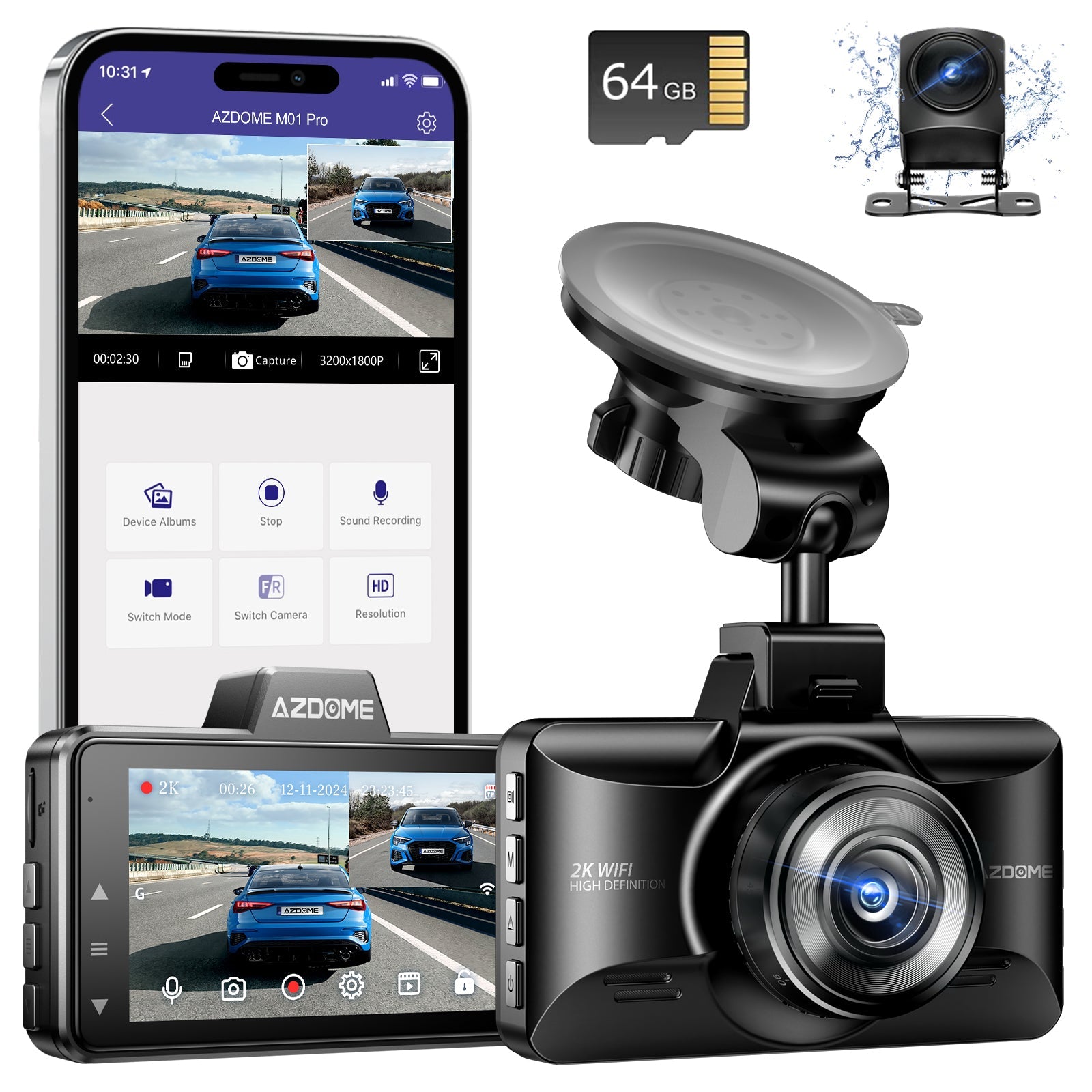 AZDOME M01 Pro 3K WiFi Dual Dash Cam | Front & Rear 3\" IPS Screen | ADAS & GPS product image