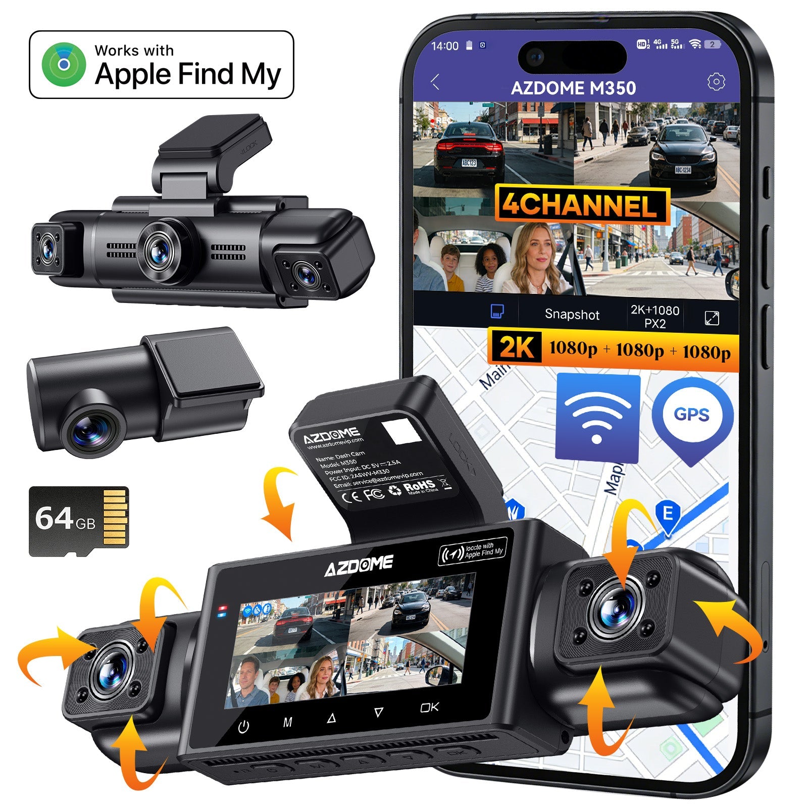 AZDOME M350 3/4-Channel Dash Cam | 360° View Front, Sides & Rear | 5G WiFi & GPS product image