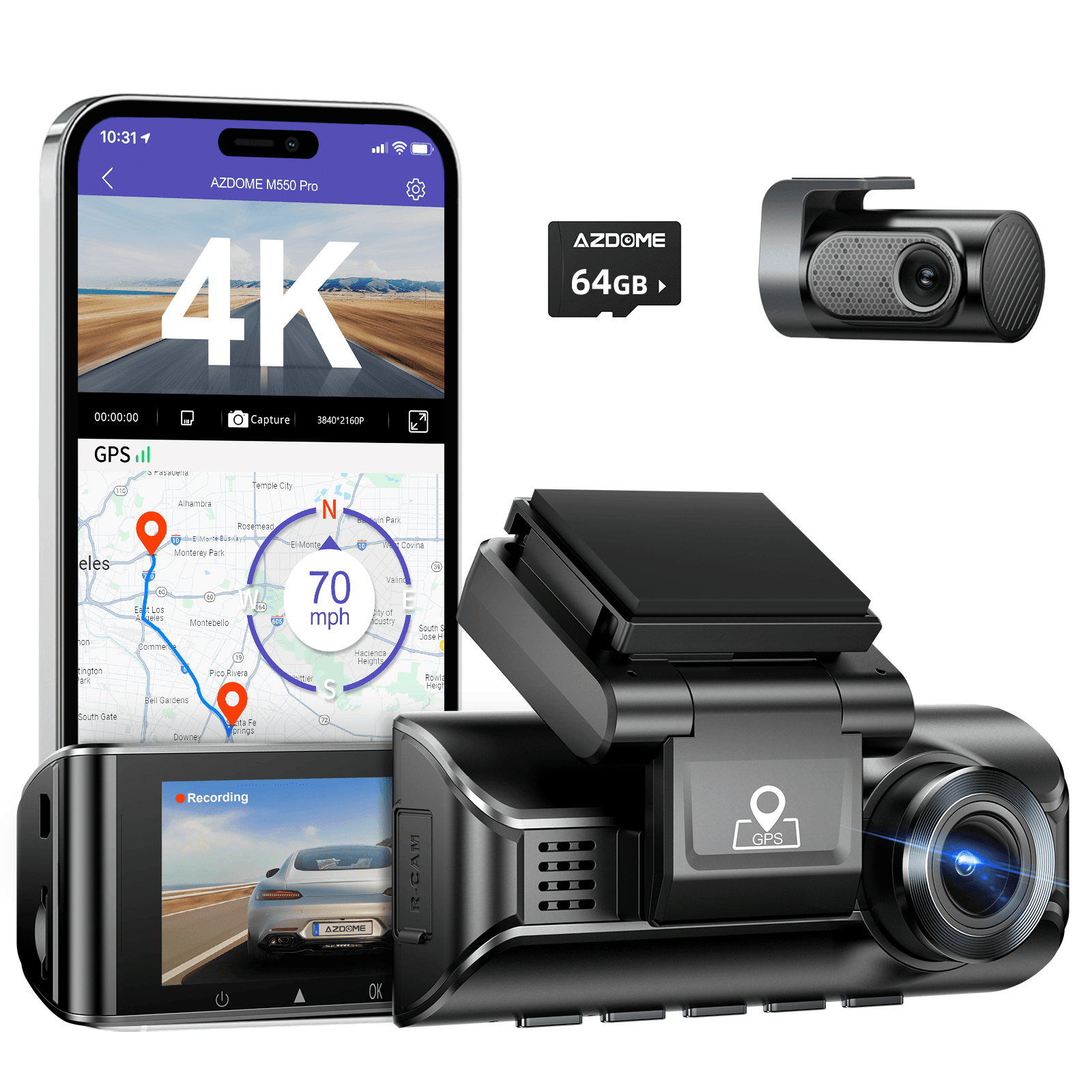 AZDOME M550 Pro 2-Channel 4K Dash Cam | Front & Cabin IR Night Vision | 5G WiFi & GPS product image