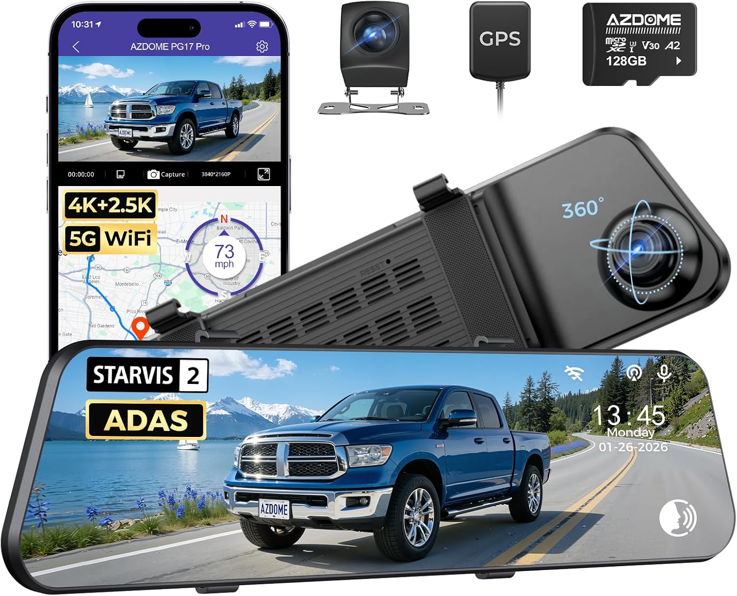 AZDOME PG17 Pro STARVIS 2 Mirror Dash Cam | 4K + 2.5K Dual HDR | 12\" Touchscreen ADAS product image