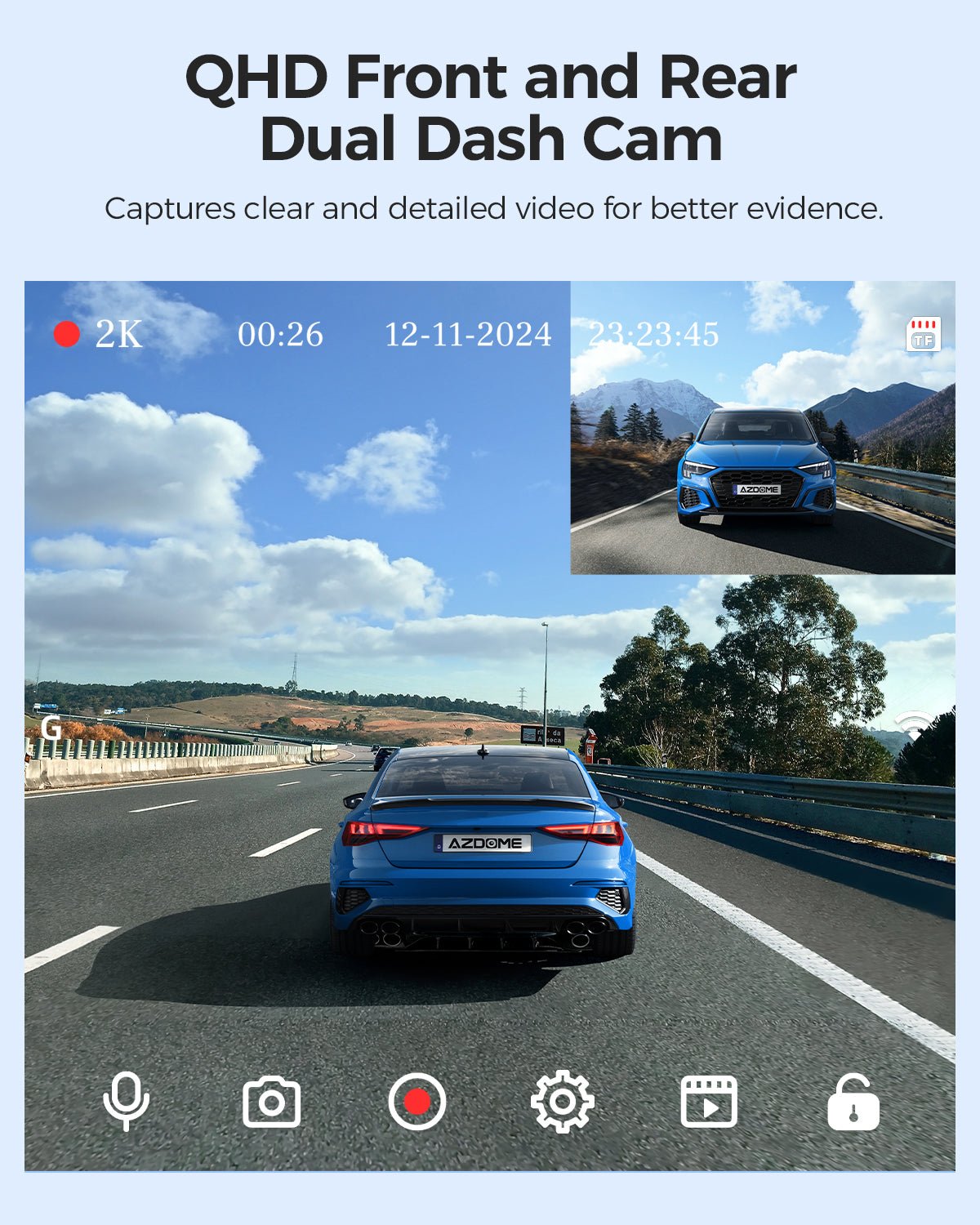 AZDOME M01 Pro 3K WiFi Dual Dash Cam | Front & Rear 3\" IPS Screen | ADAS & GPS product image