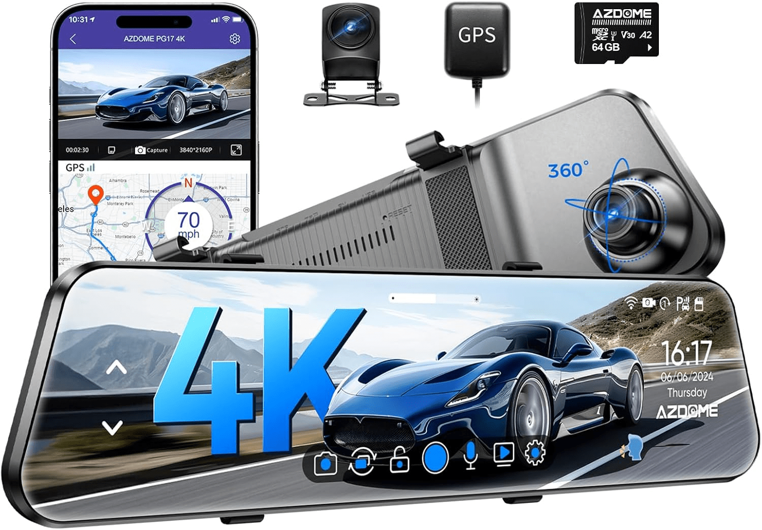 AZDOME PG17 Max Ultra 4K+4K Dual Mirror Dash Cam | STARVIS 2 Night Vision & ADAS product image