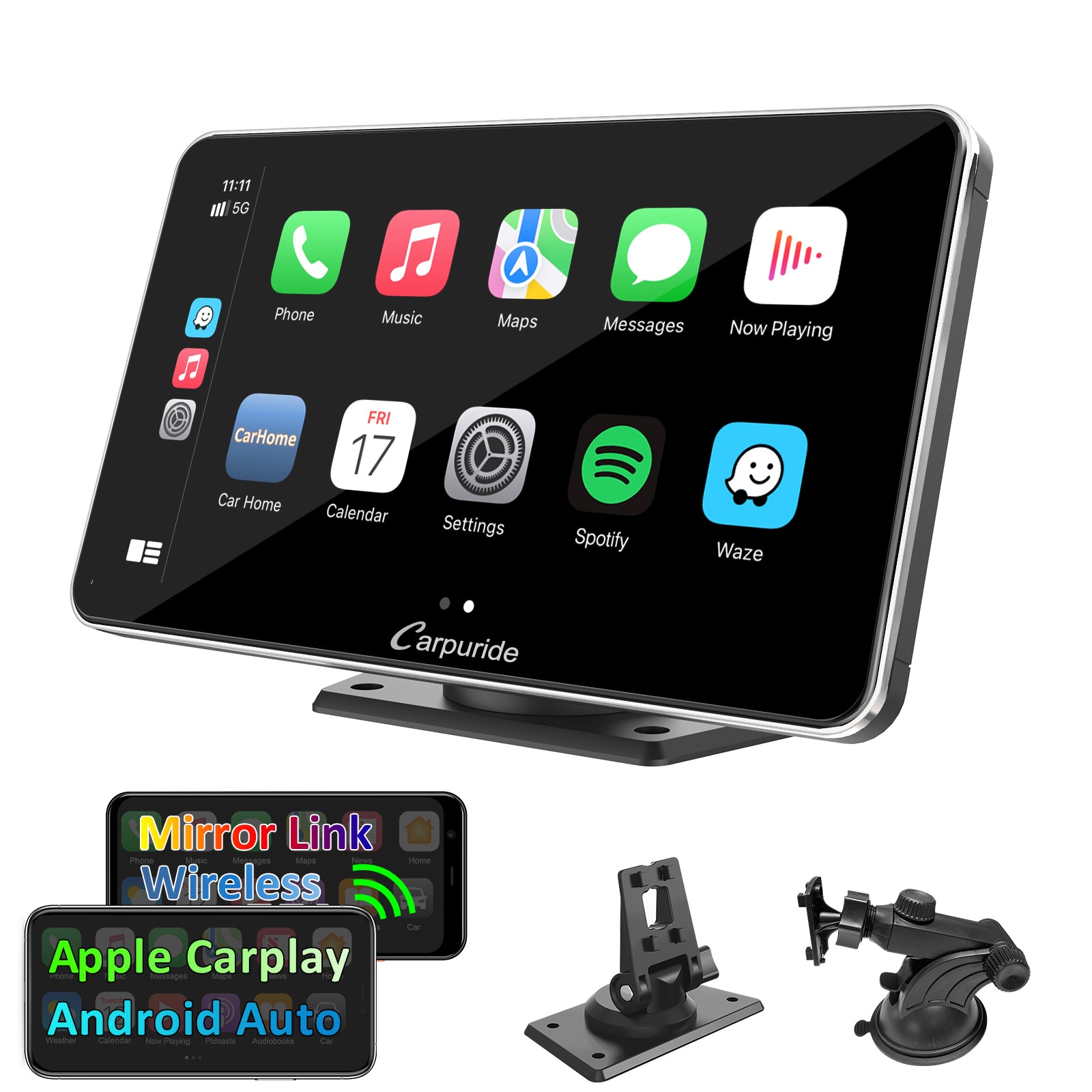 Car Stereo with Wireless Apple CarPlay&Android Auto, 7\" IPS Touch Screen,Silver Frame,Multimedia Bluetooth Navigation Dashboard Console with Mirror Link, Google, and Siri Assistant product image