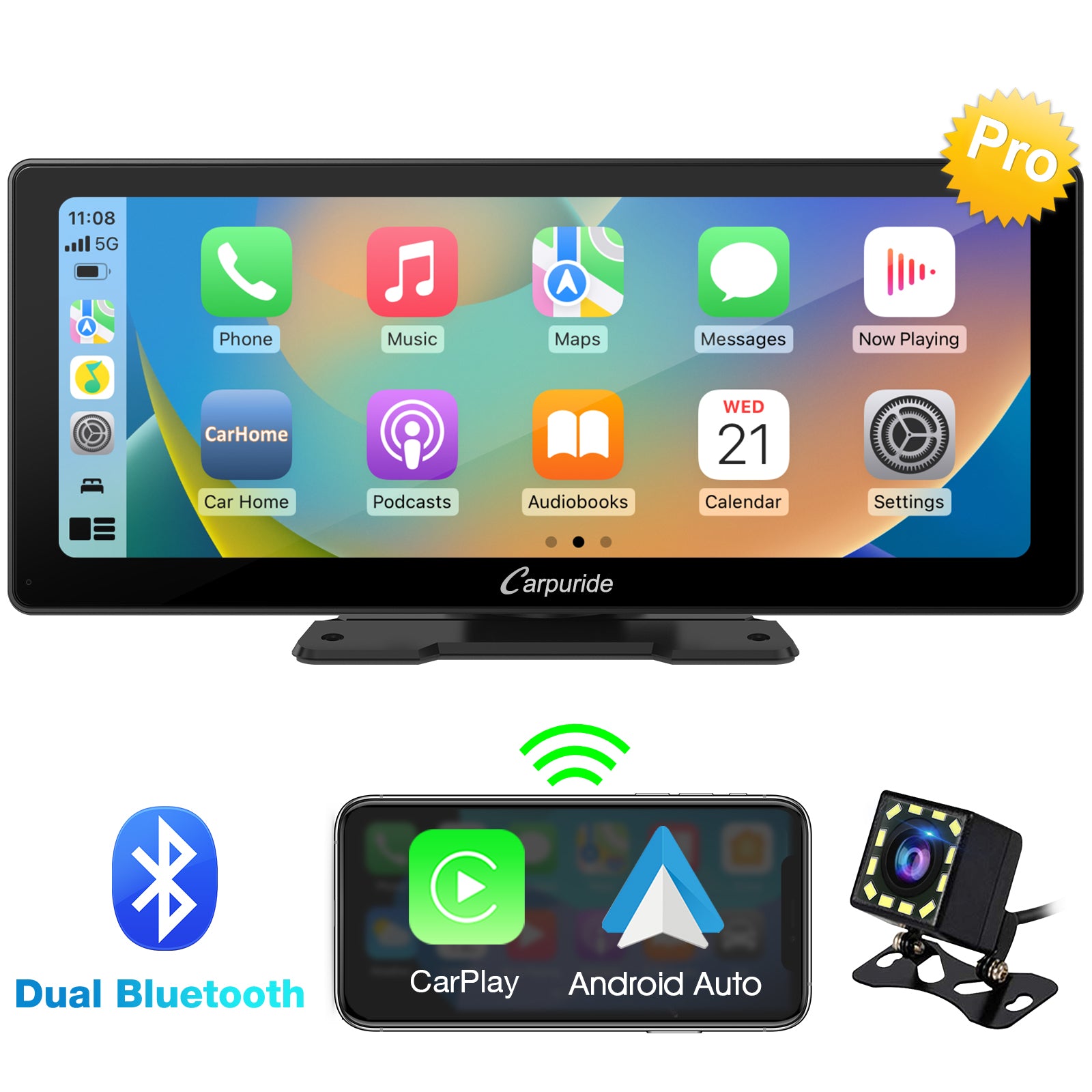 CARPURIDE W103 Pro Portable Smart Multimedia Dual Bluetooth Dashboard Console With Backup Camera product image