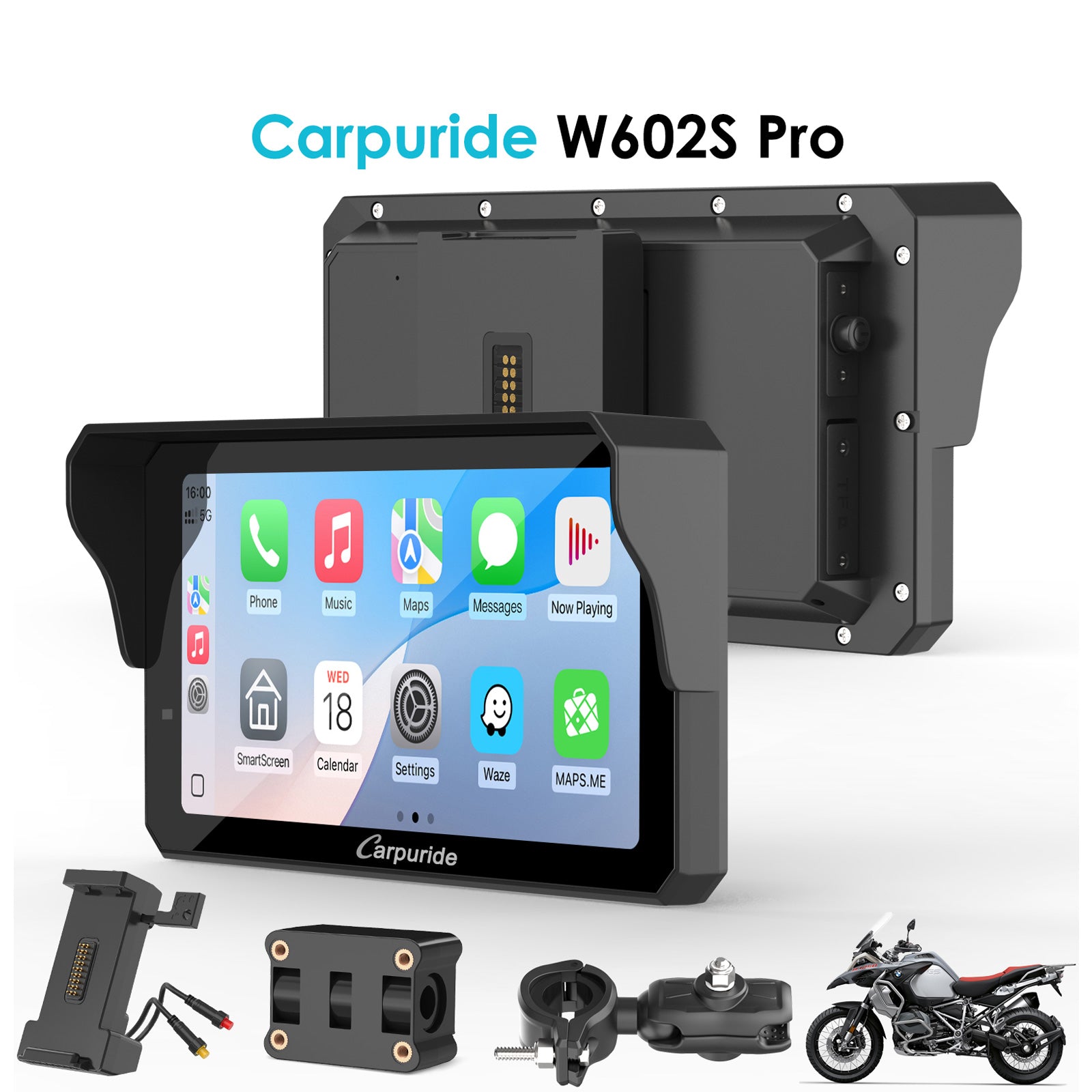 Carpuride W602S Pro with Optional TPMS | 6-Inch Motorcycle CarPlay  | Plug-and-Play BM05 Bracket with Type-C Port product image