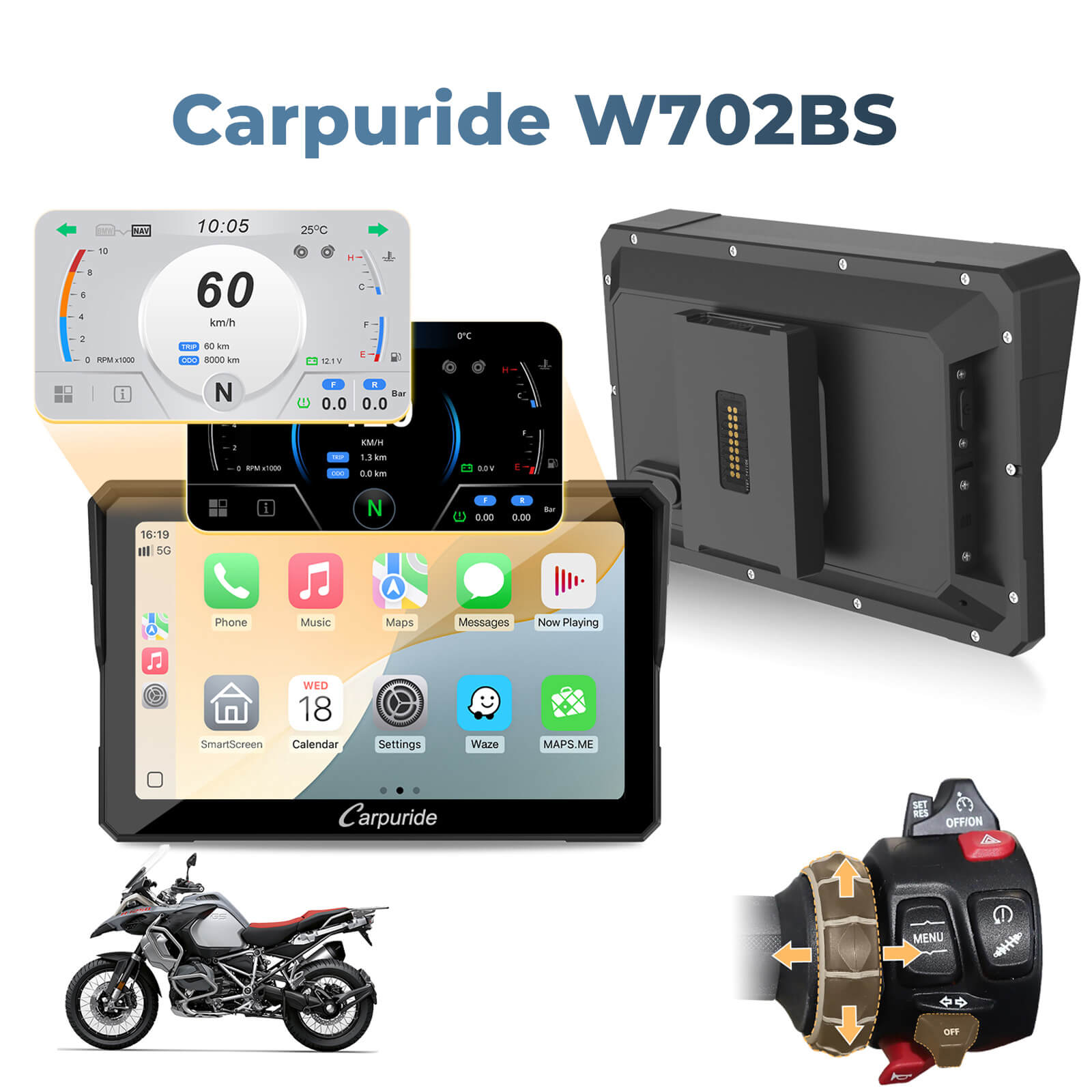 Carpuride W702BS/W502BS - BMW Motorcycle CarPlay with OEM Controller Integration product image
