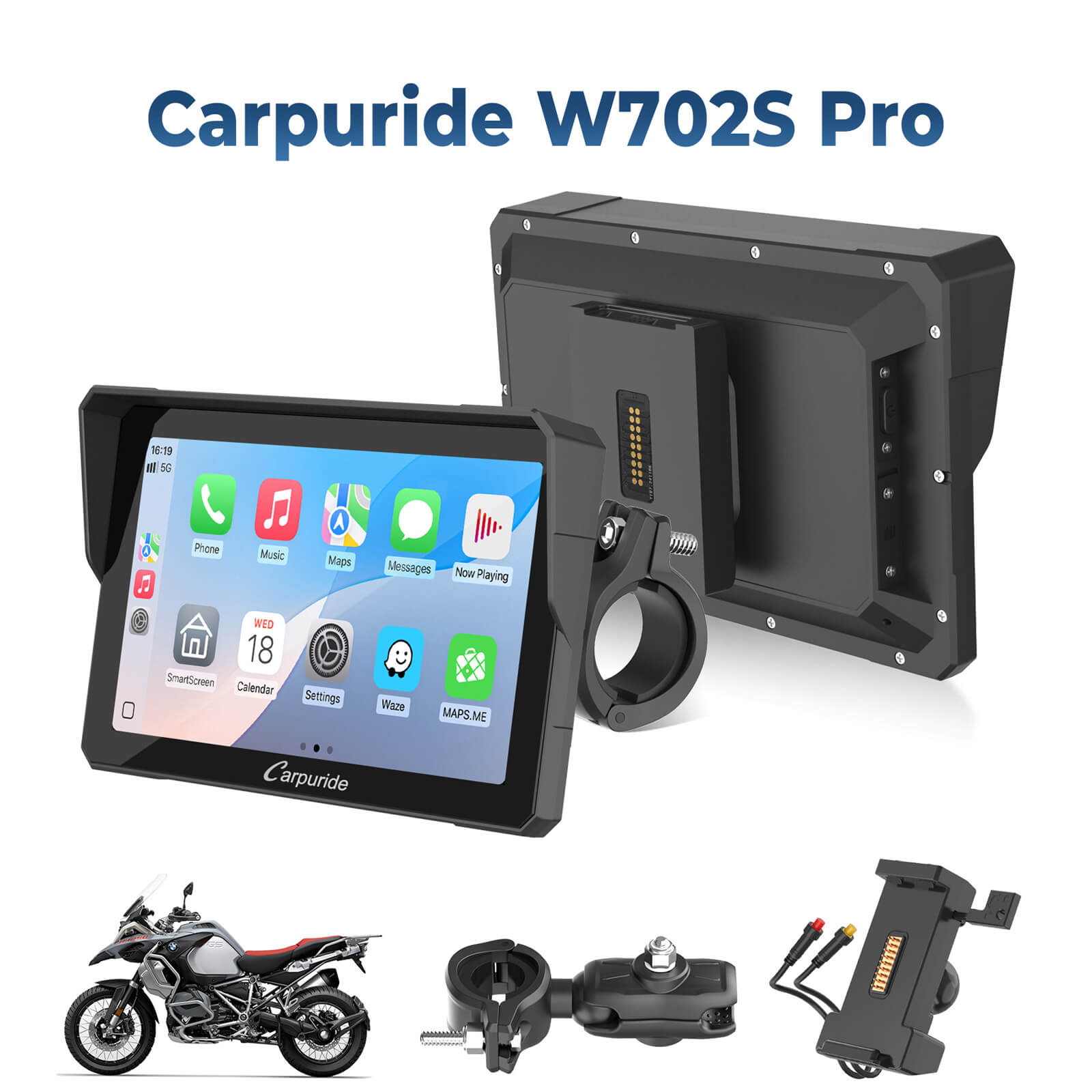 Carpuride W702S Pro/W502S Pro | Universal Motorcycle CarPlay with Optional TPMS & Plug-and-Play BM05 Bracket product image