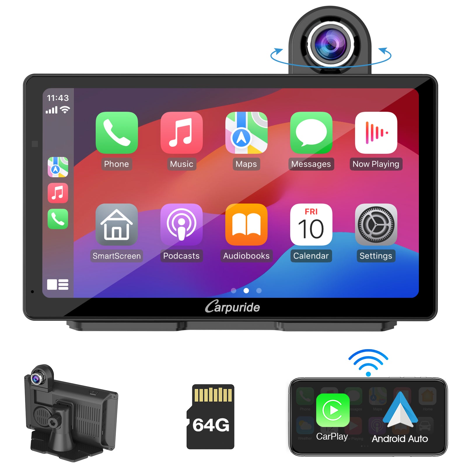 CARPURIDE W703 Portable Smart Multimedia Dashboard Console with Front Camera and DVR Function product image