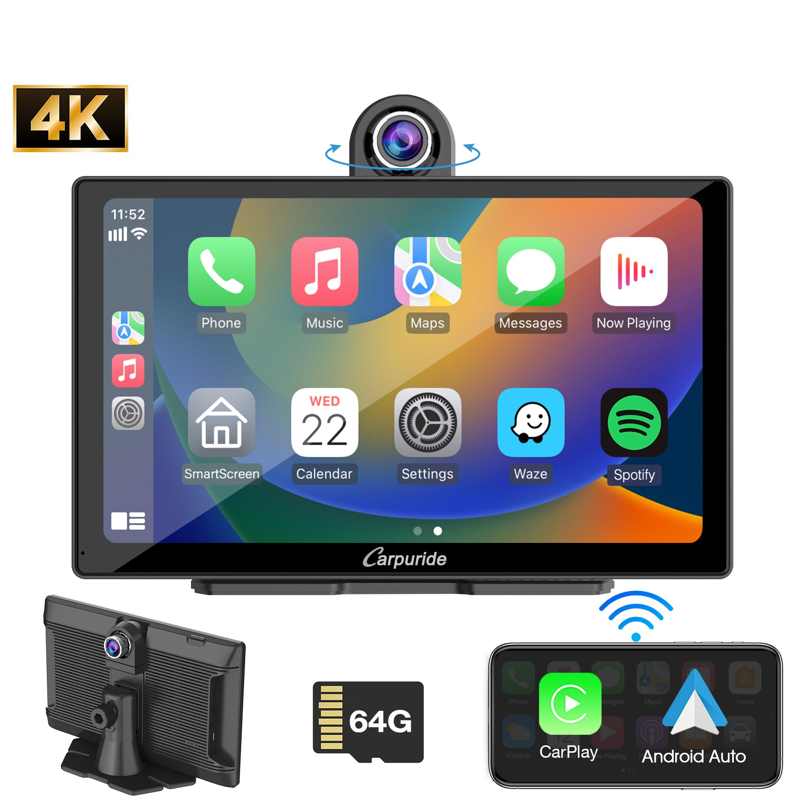 CARPURIDE W905 Portable Smart Multimedia Dashboard Console with Front Camera and DVR Function product image