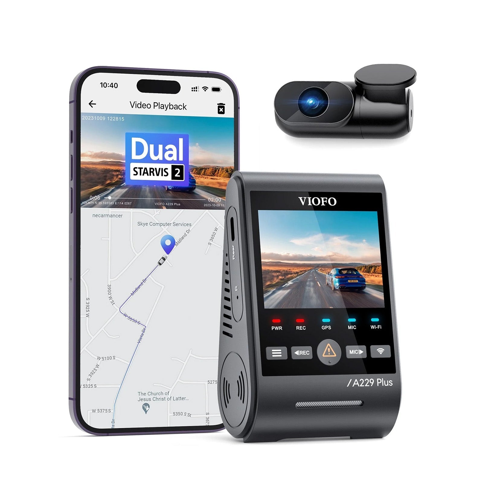 VIOFO A229 Plus 2CH Front and Rear 2K+2K HDR 5GHz Wi-Fi GPS Voice Control Dual Dash Camera with Sony STARVIS 2 Sensor product image