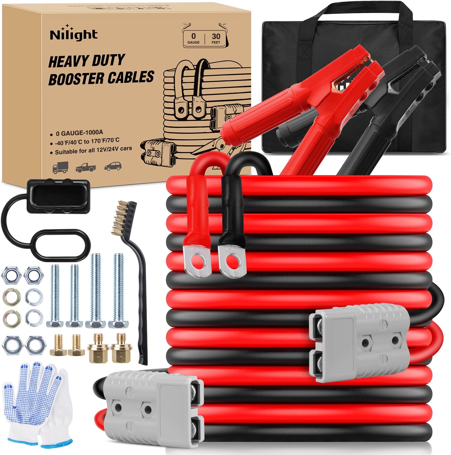 0 Gauge 30 Feet Heavy Duty Jumper Cables 1000 Amp Booster Battery Cables with Permanent Installation kit and Quick Connect Plug Includes carrying bag for 12V & 24V Cars SUVs and Trucks product image