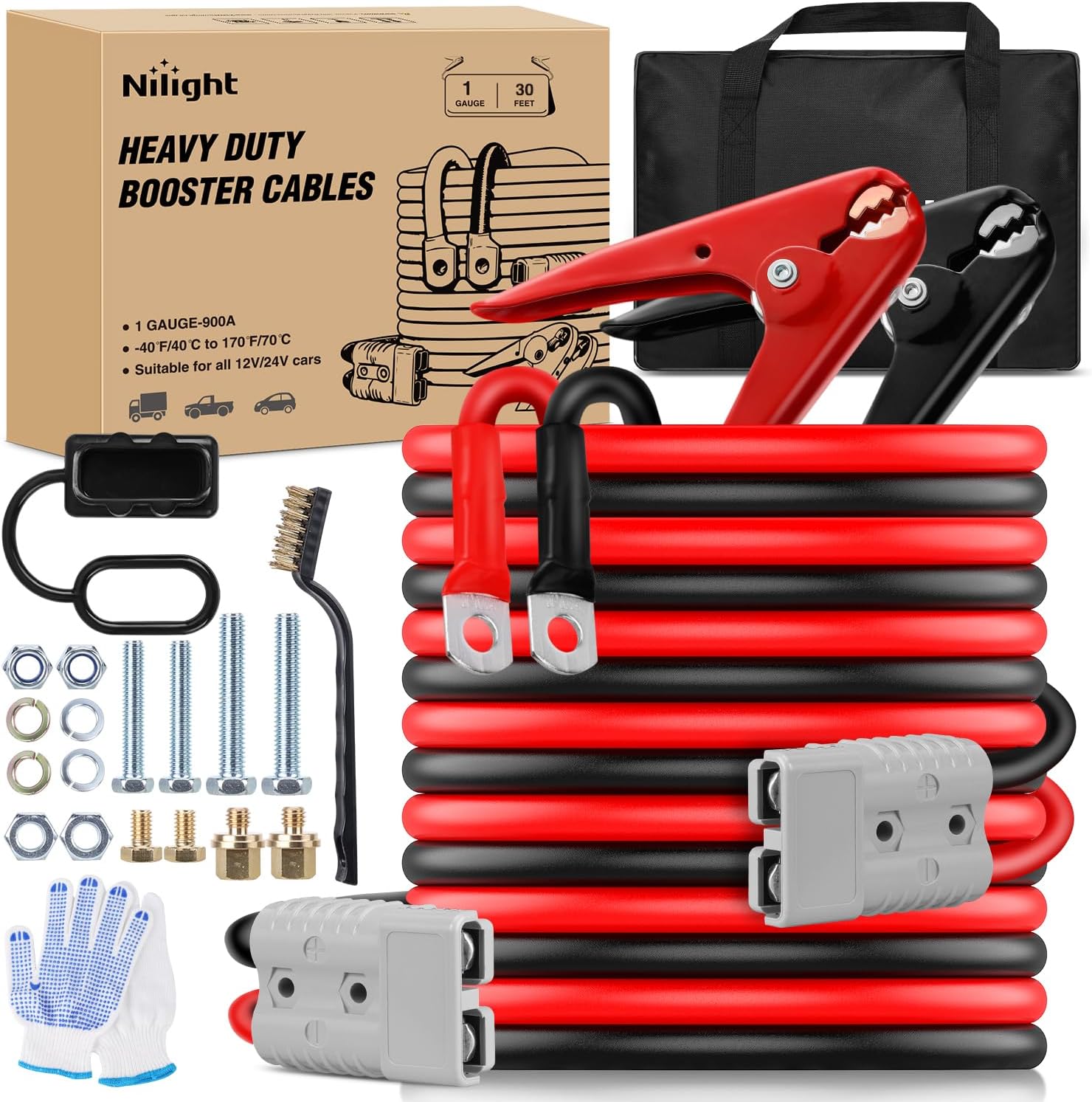 1 Gauge 30 Feet Heavy Duty Jumper Cables 900 Amp Booster Battery Cables with Permanent Installation kit and Quick Connect Plug Includes Carrying Bag for 12V & 24V Cars SUVs and Trucks product image