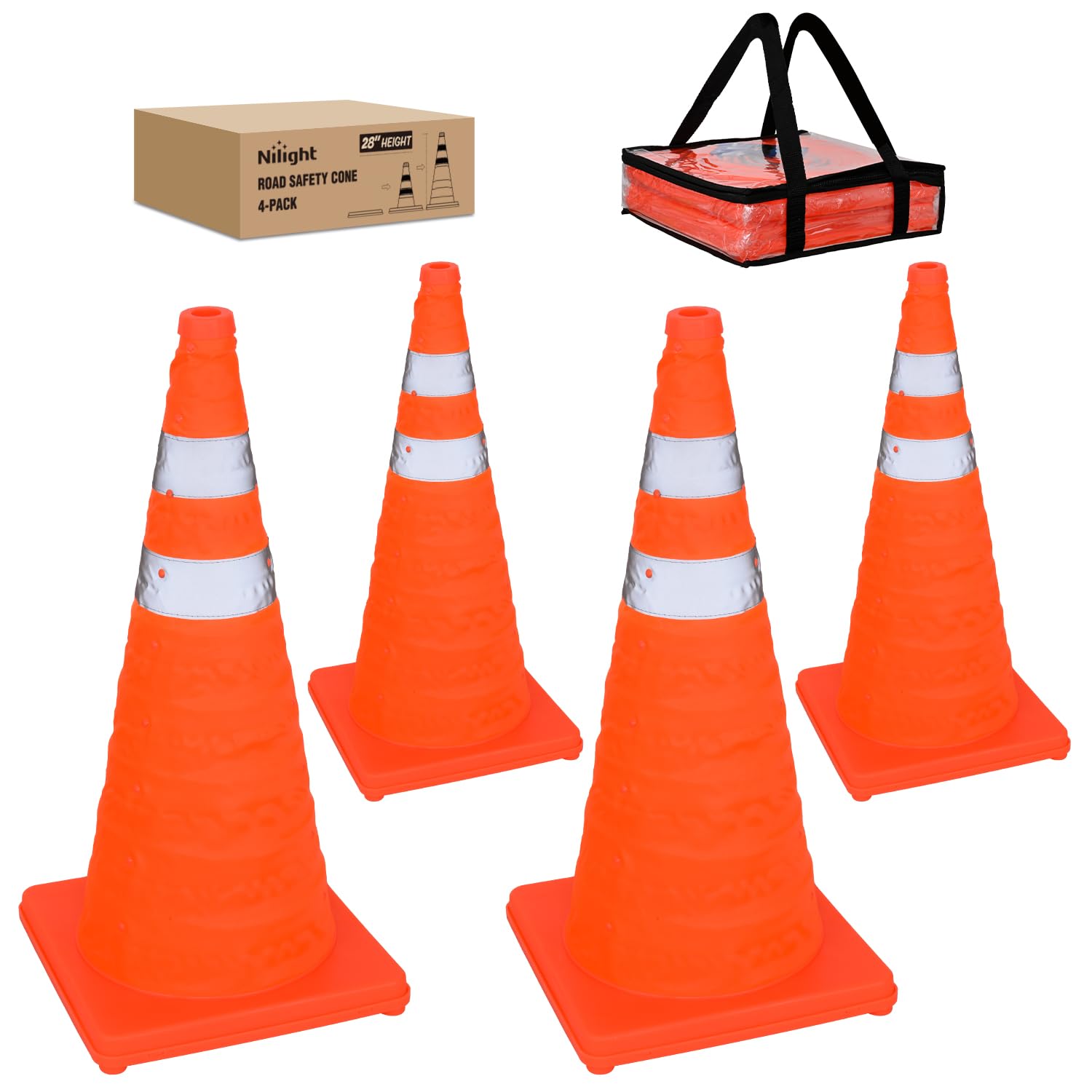 28 Inch Collapsible Traffic Safety Cones 4 Pack - Bright Orange Parking Cones with Reflective Collars for Roadside Emergency, Parking, Driving Practice product image