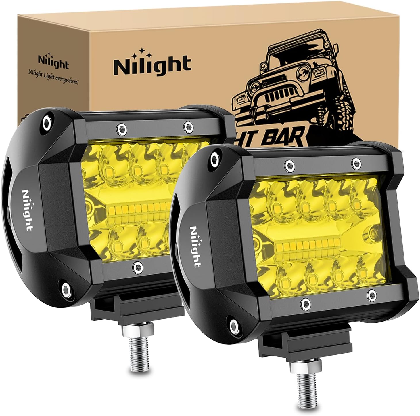 4 Inch Yellow LED Light Pods 2PCS Triple Row 60W Flood Spot Combo Offroad Driving Fog Lighting for 12V 24V Pickup Truck ATV UTV SUV product image