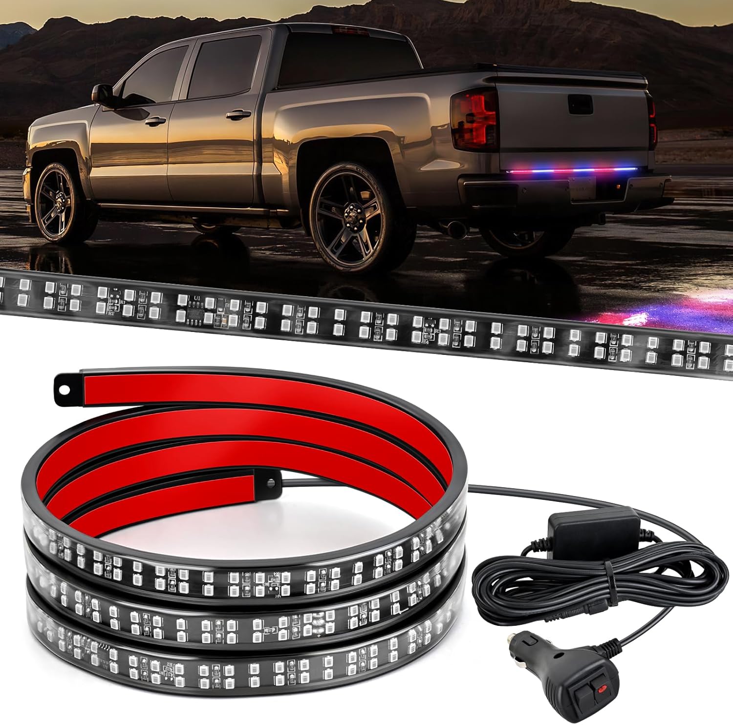 48 Inch Truck Tailgate Strobe Light Strip Tail Emergency Bar Rear Window Warning Lamp Ultra-Bright Double Row 288 LED for Pickup Trailers Construction Vehicles Car SUV, Red Blue product image