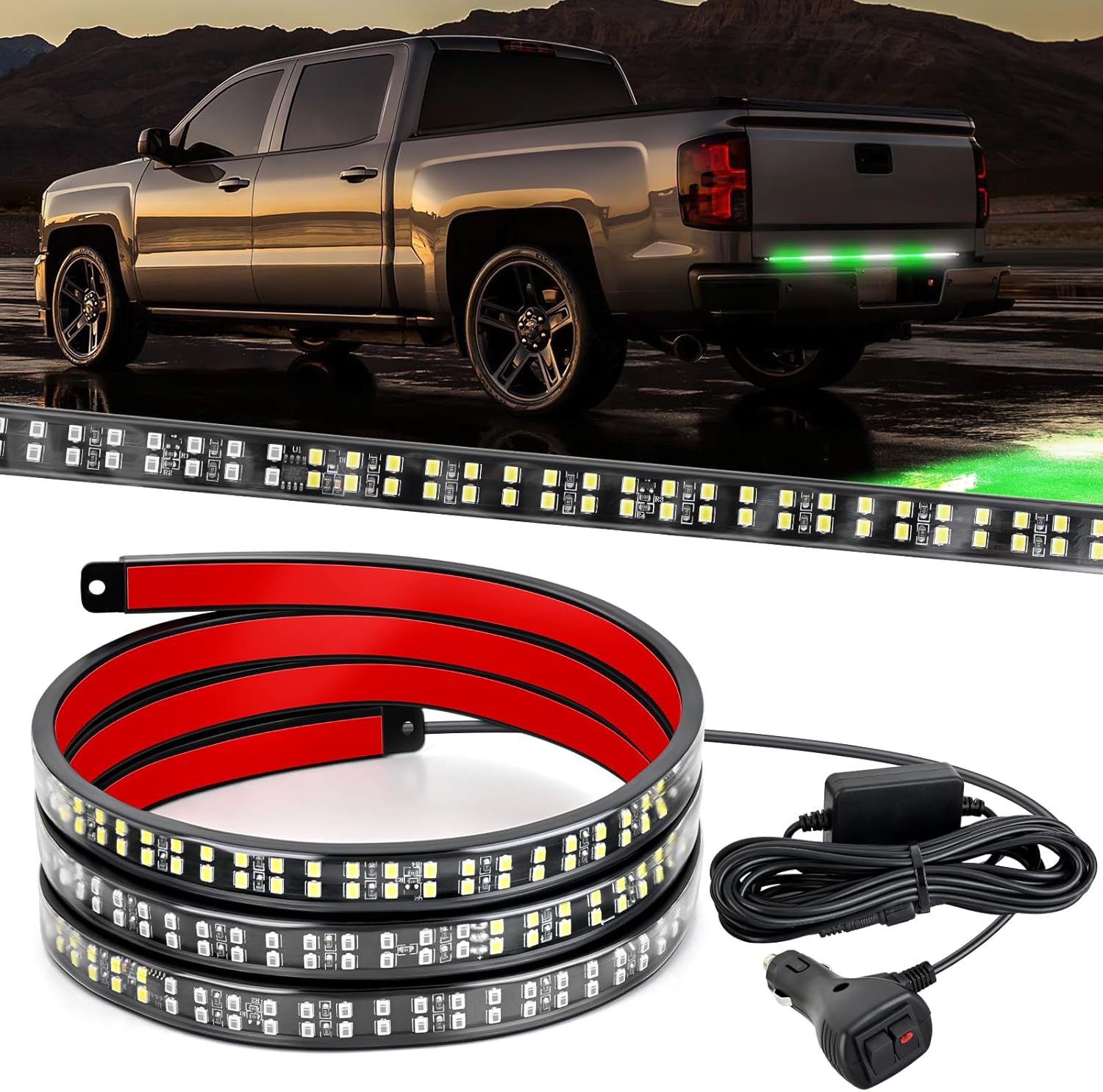 48 Inch Truck Tailgate Strobe Light Strip Tail Emergency Bar Rear Window Warning Lamp Ultra-Bright Double Row 288 LED for Pickup Trailers Construction Vehicles Car SUV, Green White product image