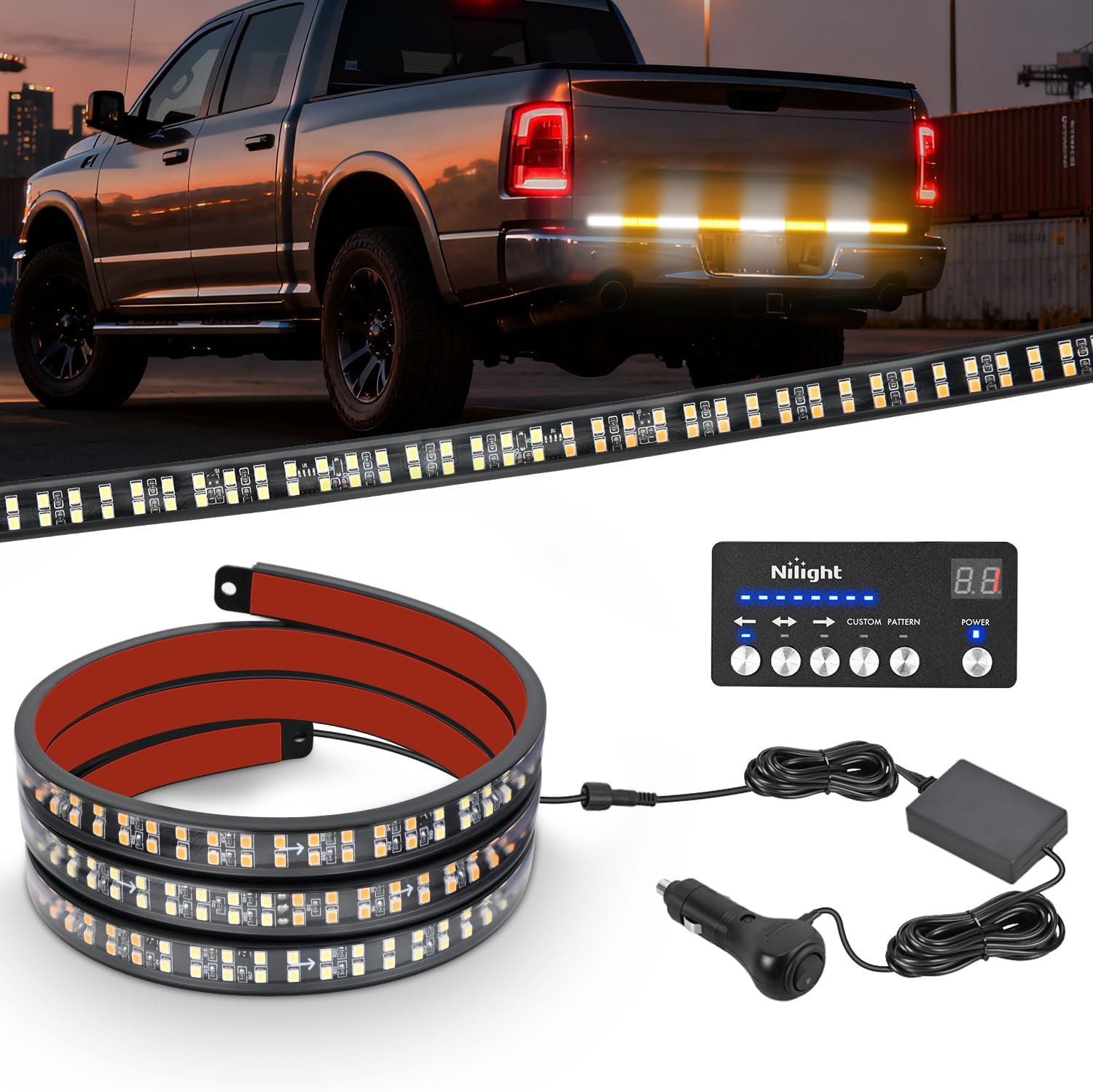 49 Inch Emergency Strobe Light Strips with Controller, 288LED Flashing Warning Hazard Safety Rear Window Tailgate Lights for Truck Trailer Construction Plow Pickup SUV Vehicle, Amber White product image