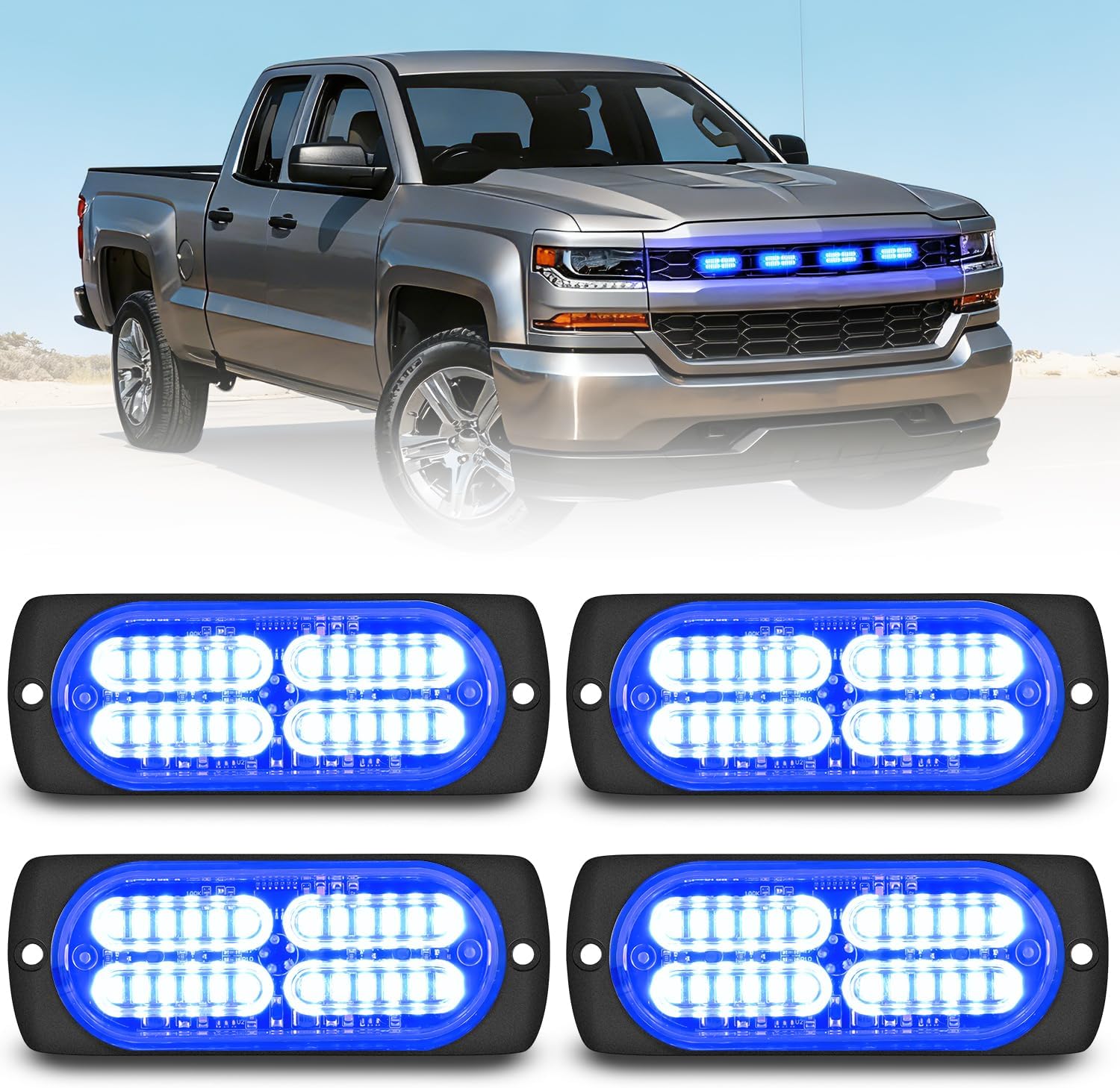 4PCS 24LED Emergency Strobe lights 12V 24V Blue Surface Mount Grille Hazard Safety Warning Light Sync Feature Side Flashing Marker Flash for Car Truck Campers product image