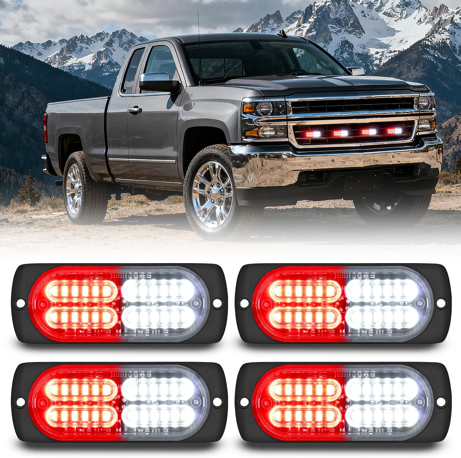 4PCS 24LED Emergency Strobe lights 12V 24V Red White Surface Mount Grille Hazard Safety Warning Light Sync Feature Side Flashing Marker Flash for Car Truck Campers product image