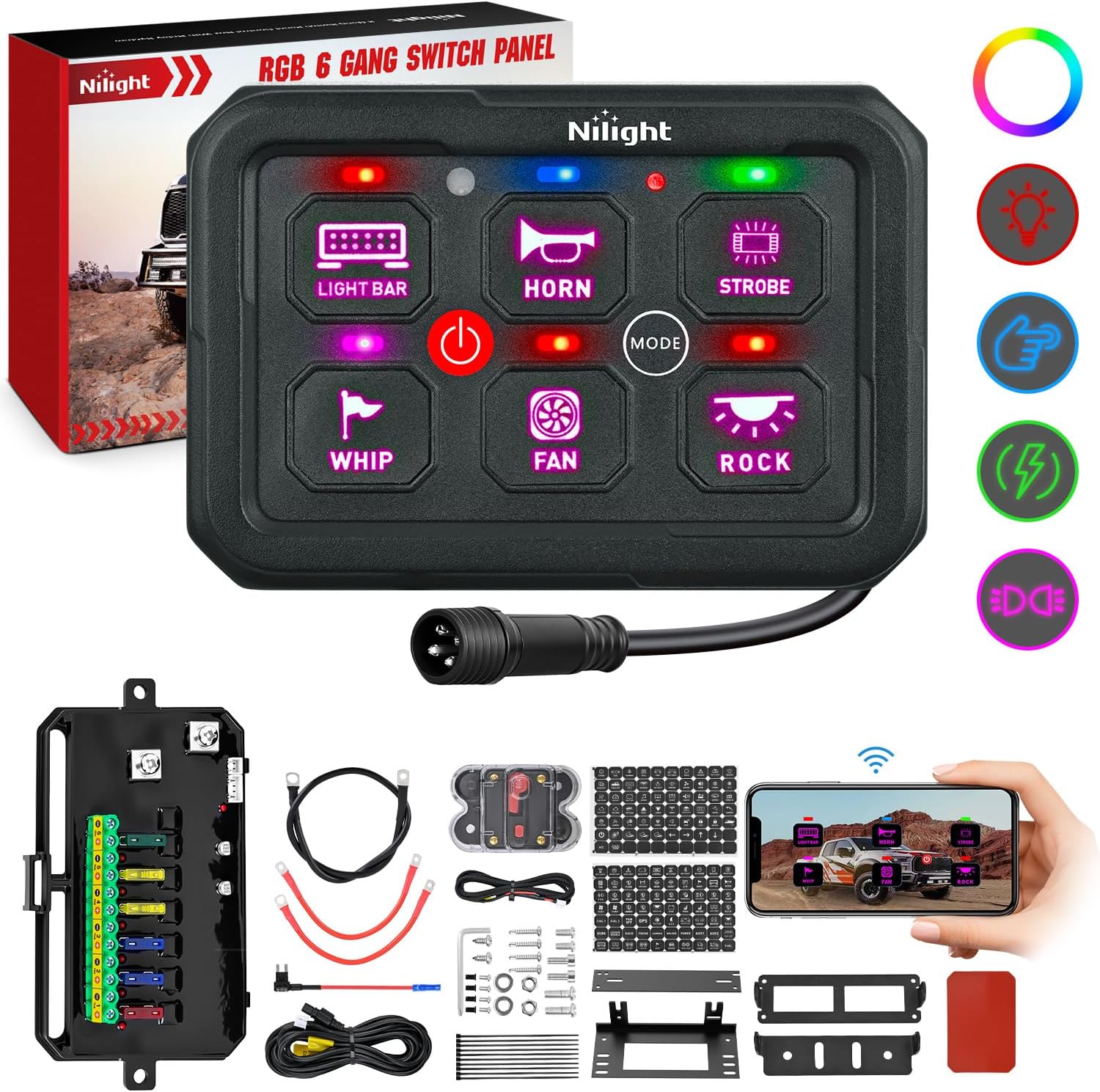 6 Gang Switch Panel Circuit Control Relay System APP RGB Backlight Fuse Wiring Harness Toggle Momentary Strobe Flash Modes Automatic Dimmable 12V 24V for Car Truck Camper SUV product image