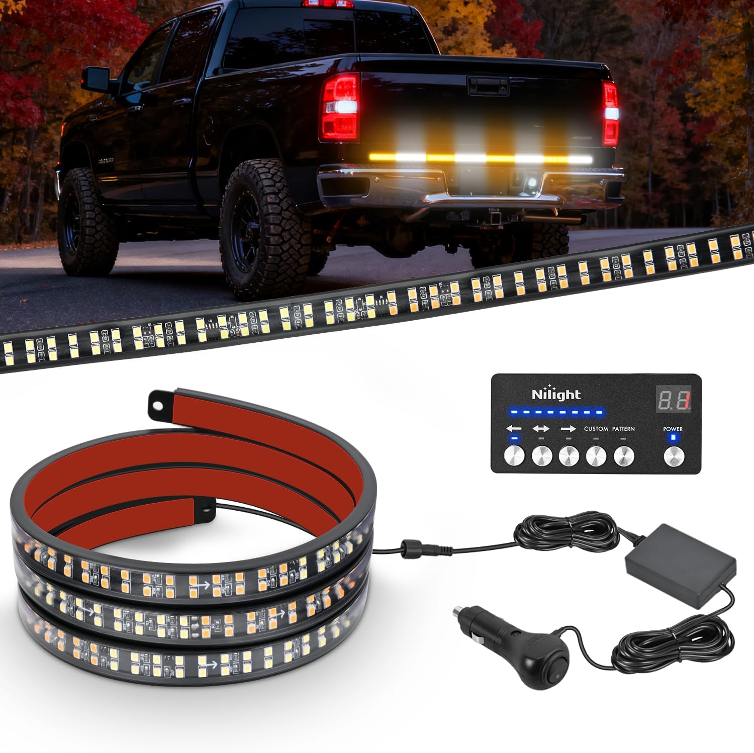 60 Inch Emergency Strobe Light Strips with Controller, 384LED Flashing Warning Hazard Safety for Rear Window Tailgate on Truck Trailer Construction Plow Pickup Tow SUV Vehicles, Amber White product image