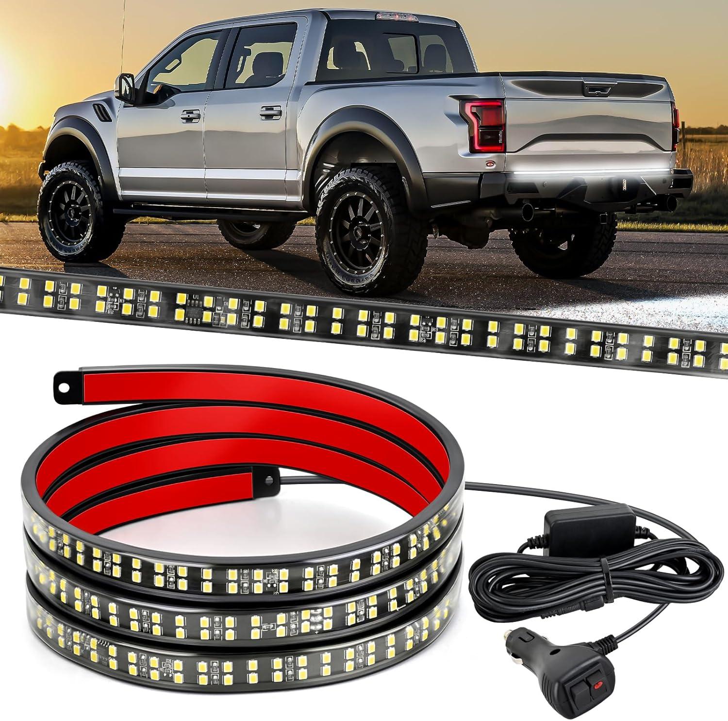 60 Inch Truck Tailgate Strobe Light Strip Tail Emergency Bar Rear Window Warning Lamp Ultra-Bright Double Row 360 LED for Pickup Trailers Construction Vehicles Car SUV, White product image