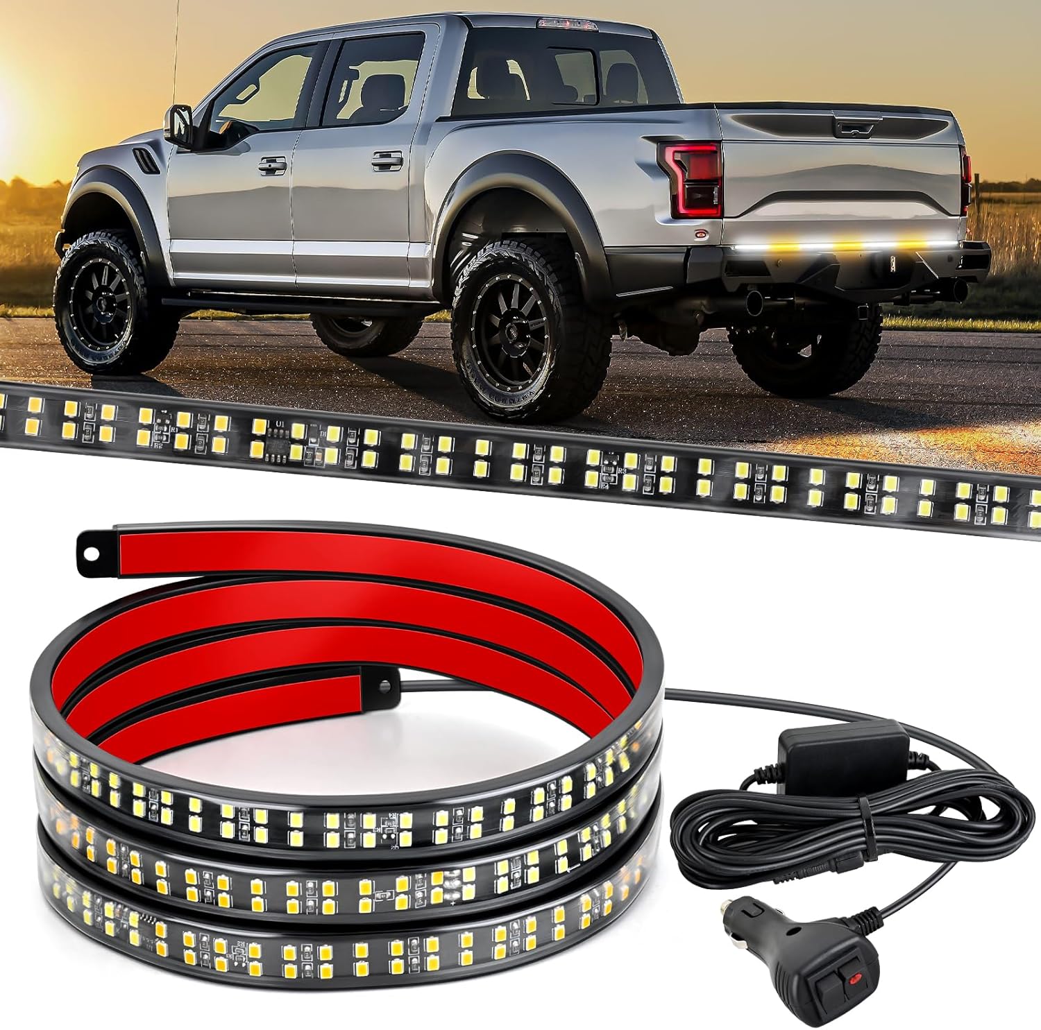 60 Inch Truck Tailgate Strobe Light Strip Tail Emergency Bar Rear Window Warning Lamp Ultra-Bright Double Row 360 LED for Pickup Trailers Construction Vehicles Car SUV, Amber White product image