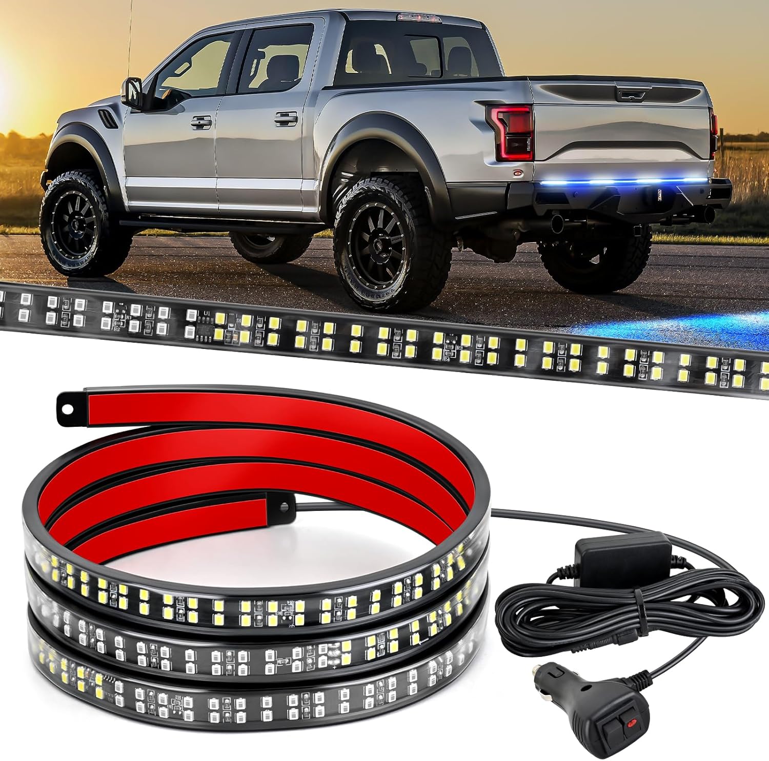 60 Inch Truck Tailgate Strobe Light Strip Tail Emergency Bar Rear Window Warning Lamp Ultra-Bright Double Row 360 LED for Pickup Trailers Construction Vehicles Car SUV, Blue White product image