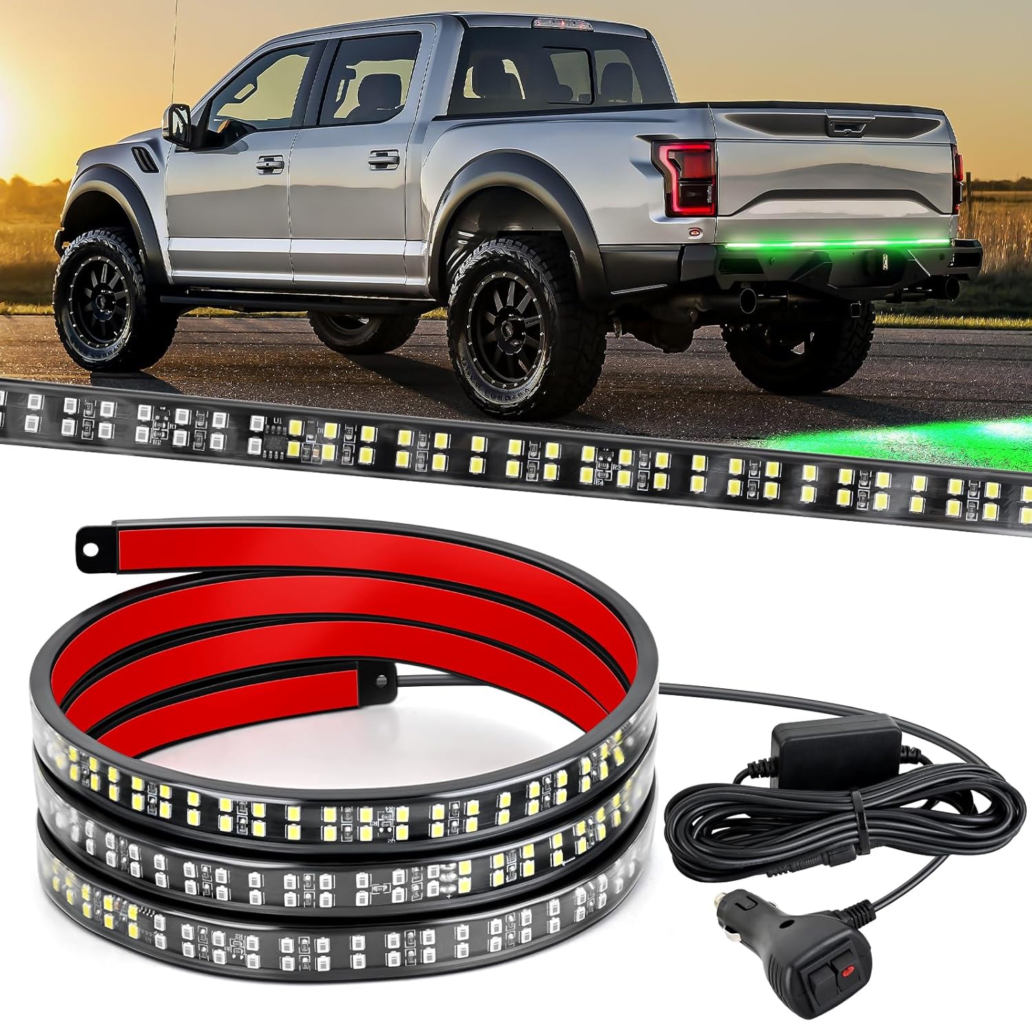 60 Inch Truck Tailgate Strobe Light Strip Tail Emergency Bar Rear Window Warning Lamp Ultra-Bright Double Row 360 LED for Pickup Trailers Construction Vehicles Car SUV, Green White product image