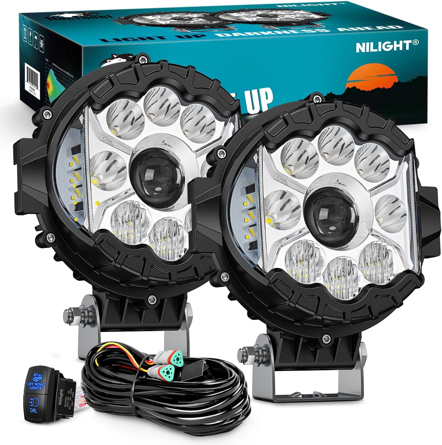 7 Inch LED Offroad Driving Lights High Low Beam 2 PCS 80W Round White Light Side Shooter Spot Flood Fog Light Pod w/ 16 AWG DT Connector Wiring Harness Kit for Jeep Truck ATV UTV SUV product image