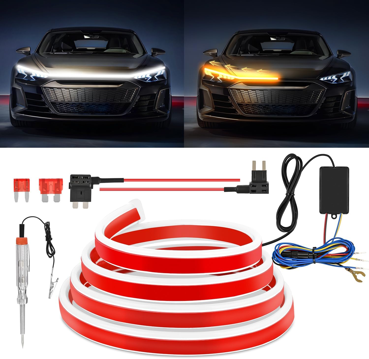 79-Inch LED Hood Strip, White Dynamic Startup DRL Sequential Amber Turn Signal, Waterproof for Cars, SUVs & Trucks product image
