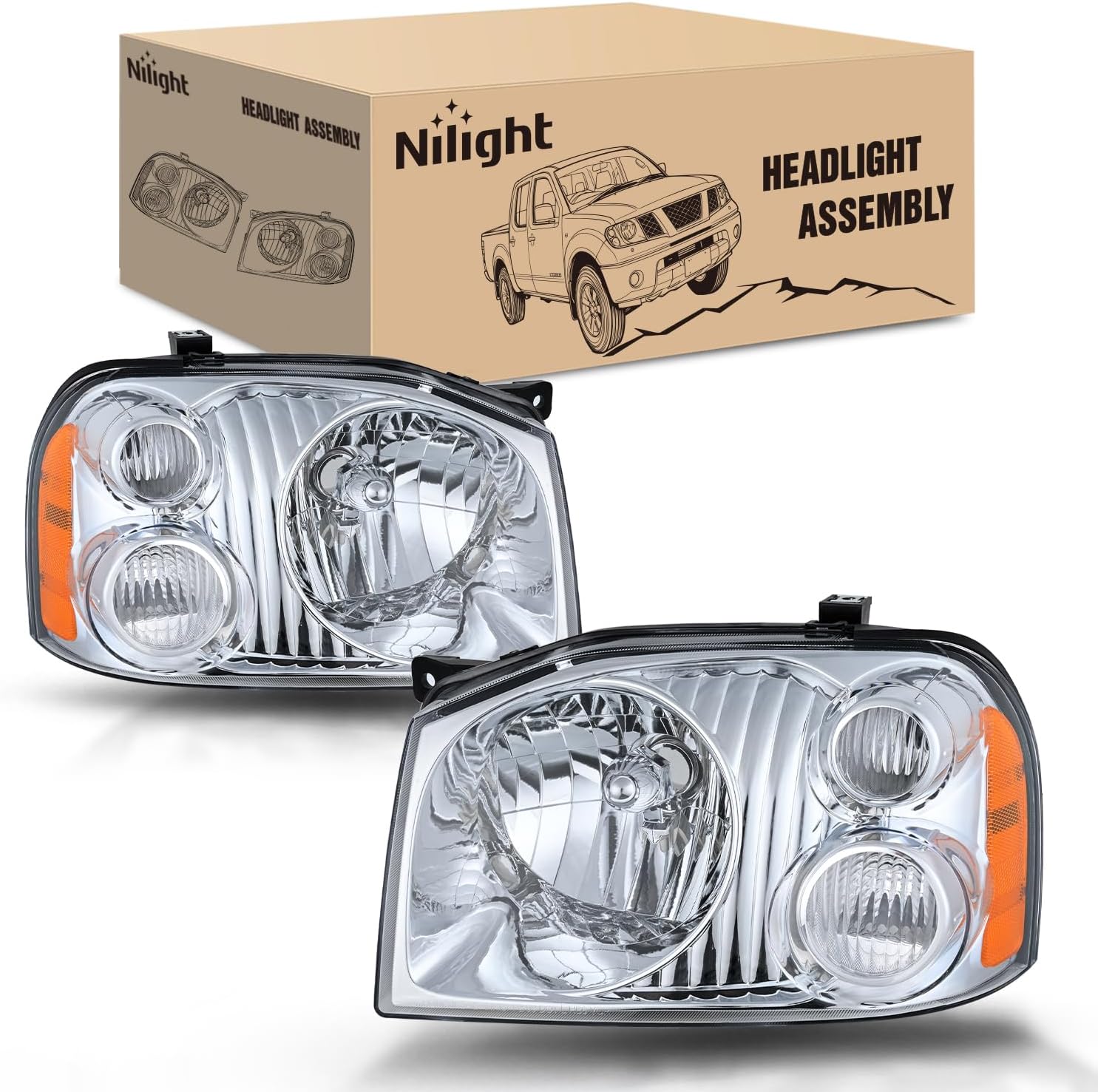 Headlight Assembly Compatible with 2001 2002 2003 2004 Nissan Frontier XE OE Style Replacement Halogen Headlights Chrome Housing Amber Reflector Clear Turn Light Headlamp Passenger and Driver product image