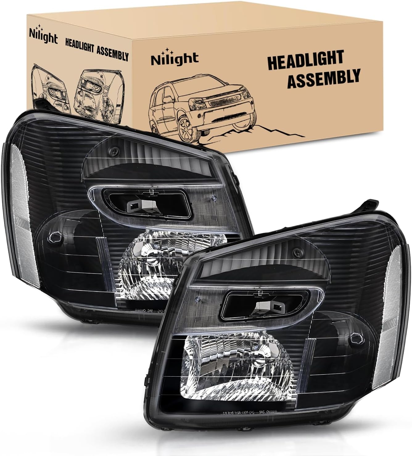 Headlight Assembly Compatible with 2005 2006 2007 2008 2009 Chevy Equinox SUV OE Style Replacement Headlights Black Housing Clear Reflector Headlamp Passenger and Driver Side product image