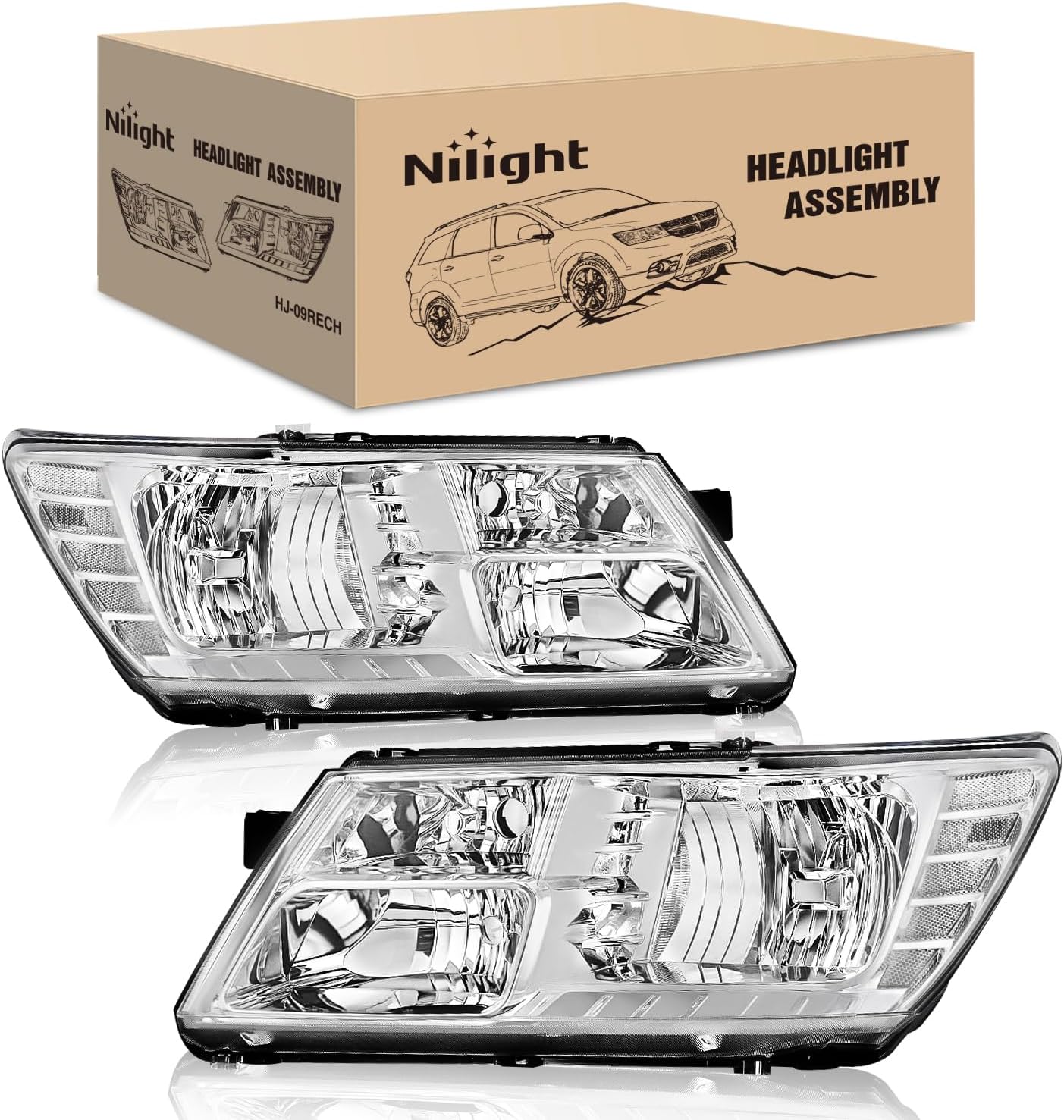 Headlight Assembly Compatible with 2009 2010 2011 2012 2013 2014 2015 2016 2017 2018 2019 2020 Dodge Journey Chrome Housing Clear Reflector Headlamp Passenger and Driver Side product image