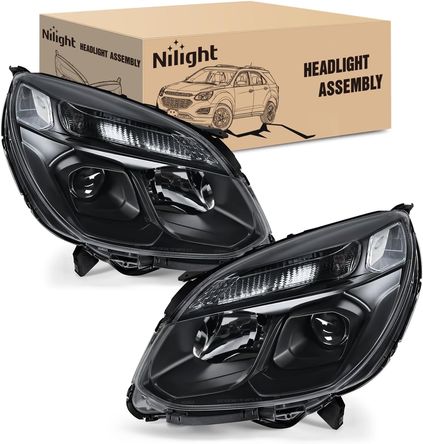 Headlight Assembly Compatible with 2016 2017 Chevy Equinox OE Style Projector Replacement Halogen Headlights Black Housing Clear Reflector Headlamp Passenger and Driver Side product image