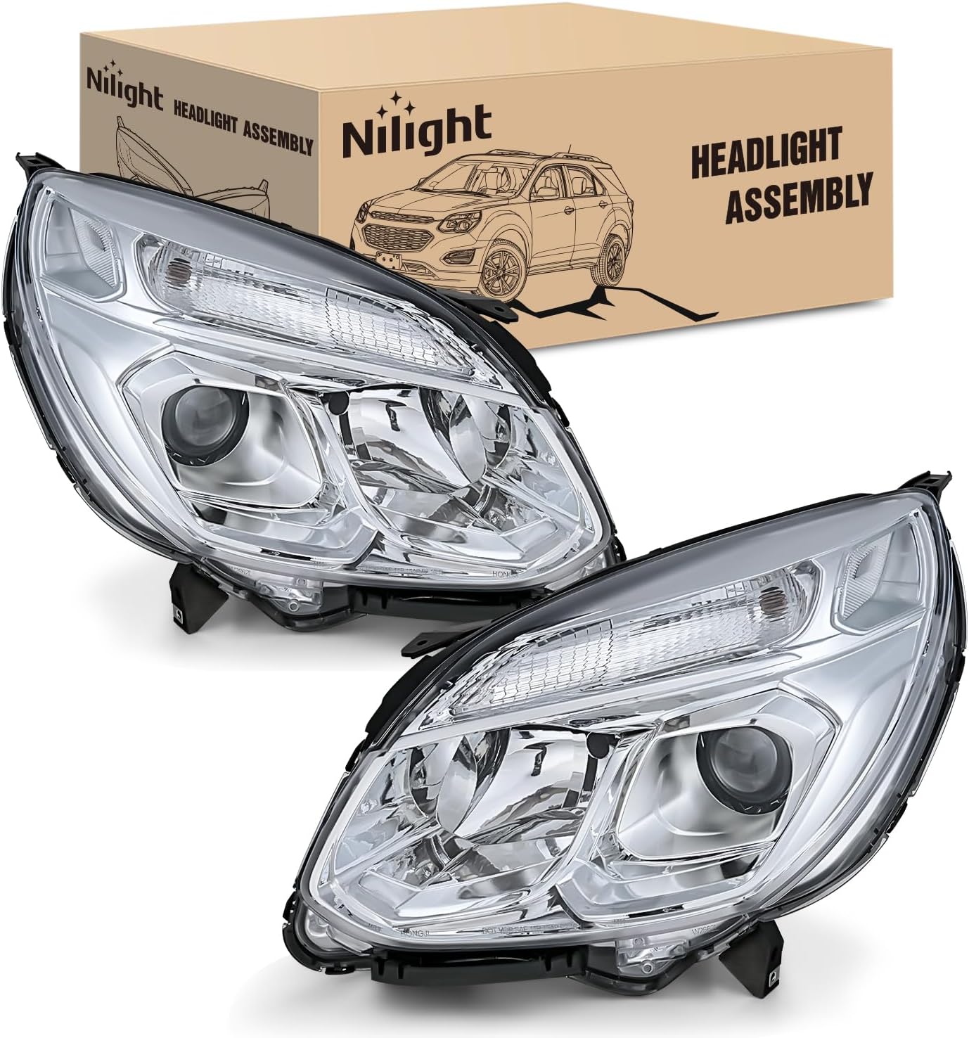 Headlight Assembly Compatible with 2016 2017 Chevy Equinox OE Style Projector Replacement Halogen Headlights Chrome Housing Clear Reflector Headlamp Passenger and Driver Side product image