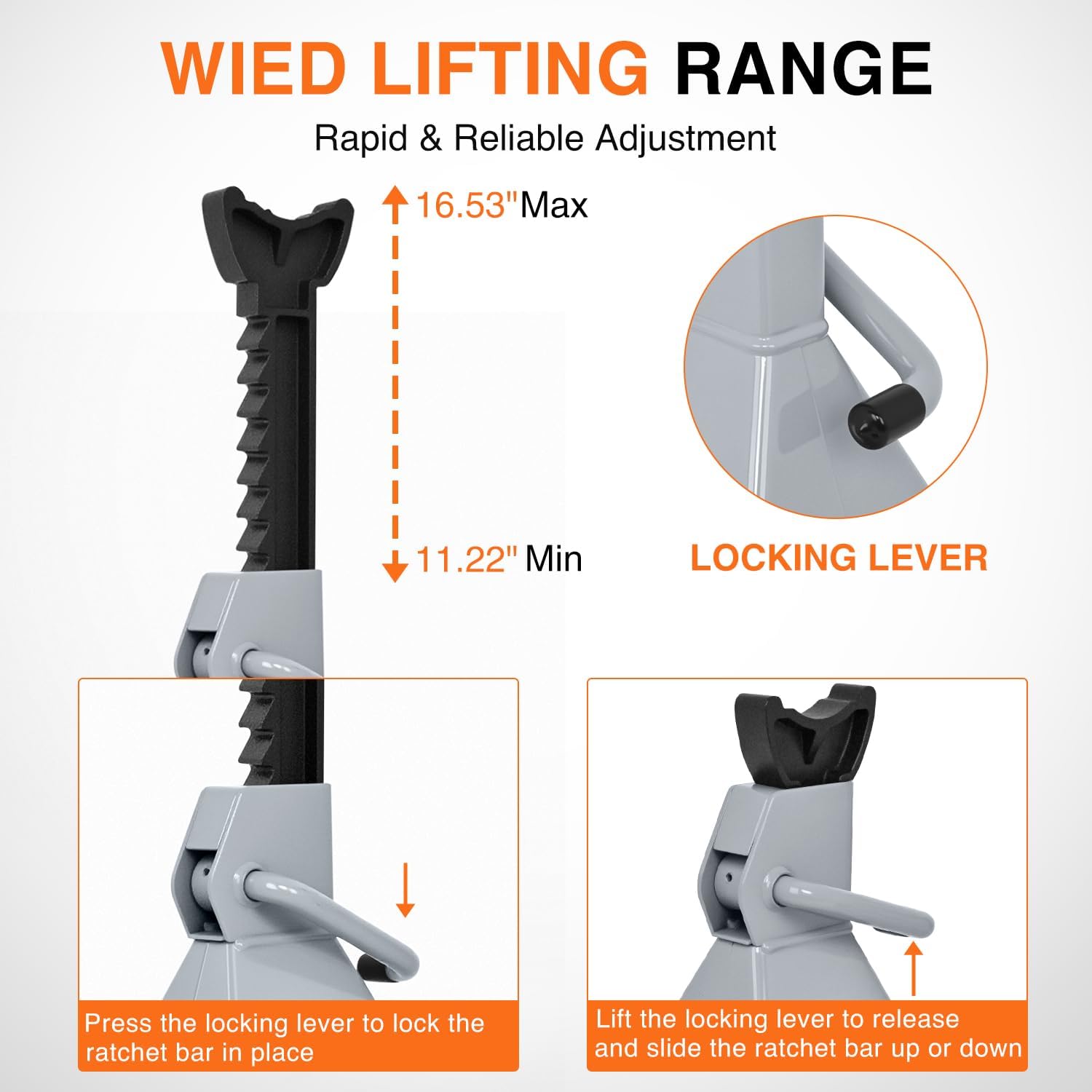 Jack Stands, 3 Ton (6,600 lbs) Capacity Heavy Duty Steel Car Lifting Stand, Adjustable Height 11.22 Inch to 16.53 Inch, 1 Pair product image