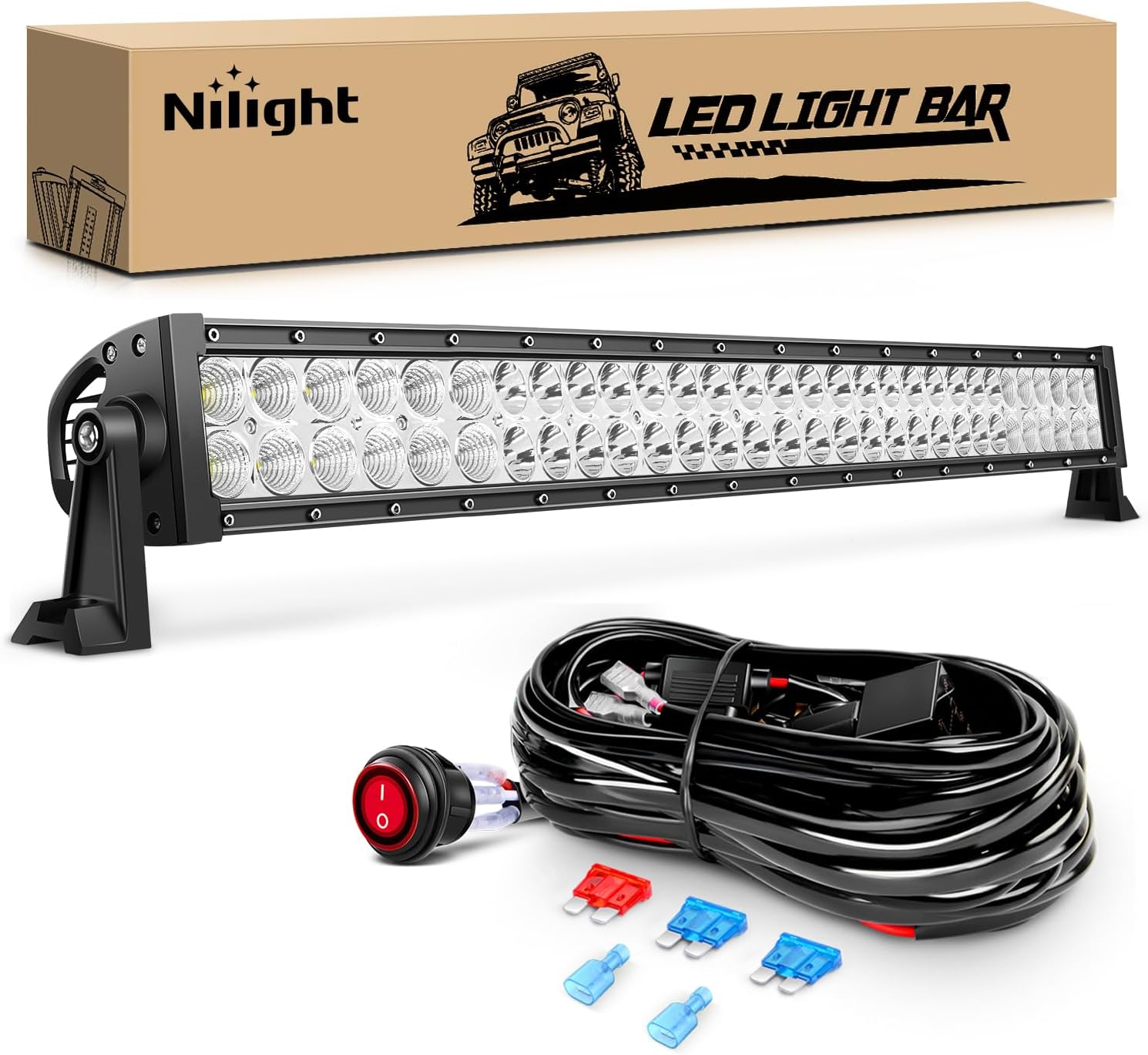 LED Light Bar 32Inch 180W Spot Flood Combo Driving Upper Windshield Roof Lighting with 12V 16AWG Wiring Harness Kit for Truck Tractor Trailer Pickup SUV 4x4 Van Camper product image