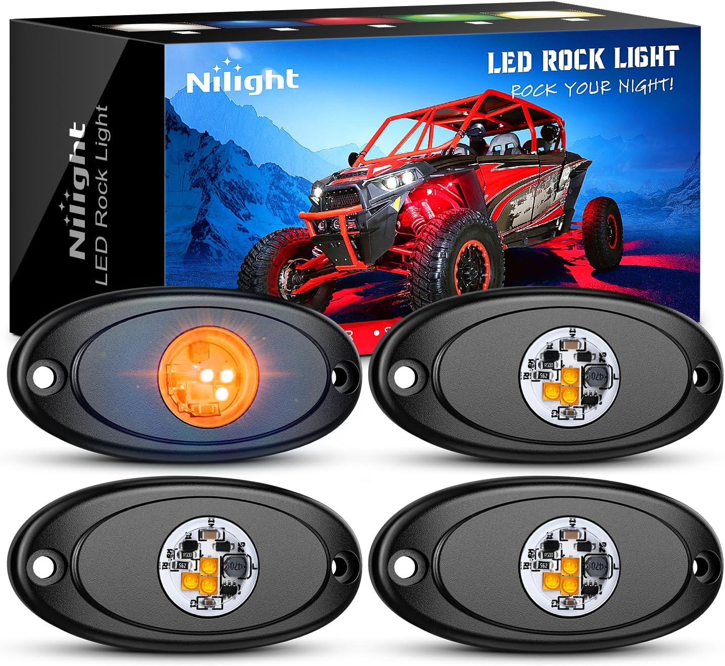 LED Rock Light 4PCS Amber Underglow Wheel Well Fender Pods Waterproof Exterior Underbody Roof Rack Side Lamps for 12V 24V Car Truck Pickups ATV UTV SUV Motorcycle Boat product image