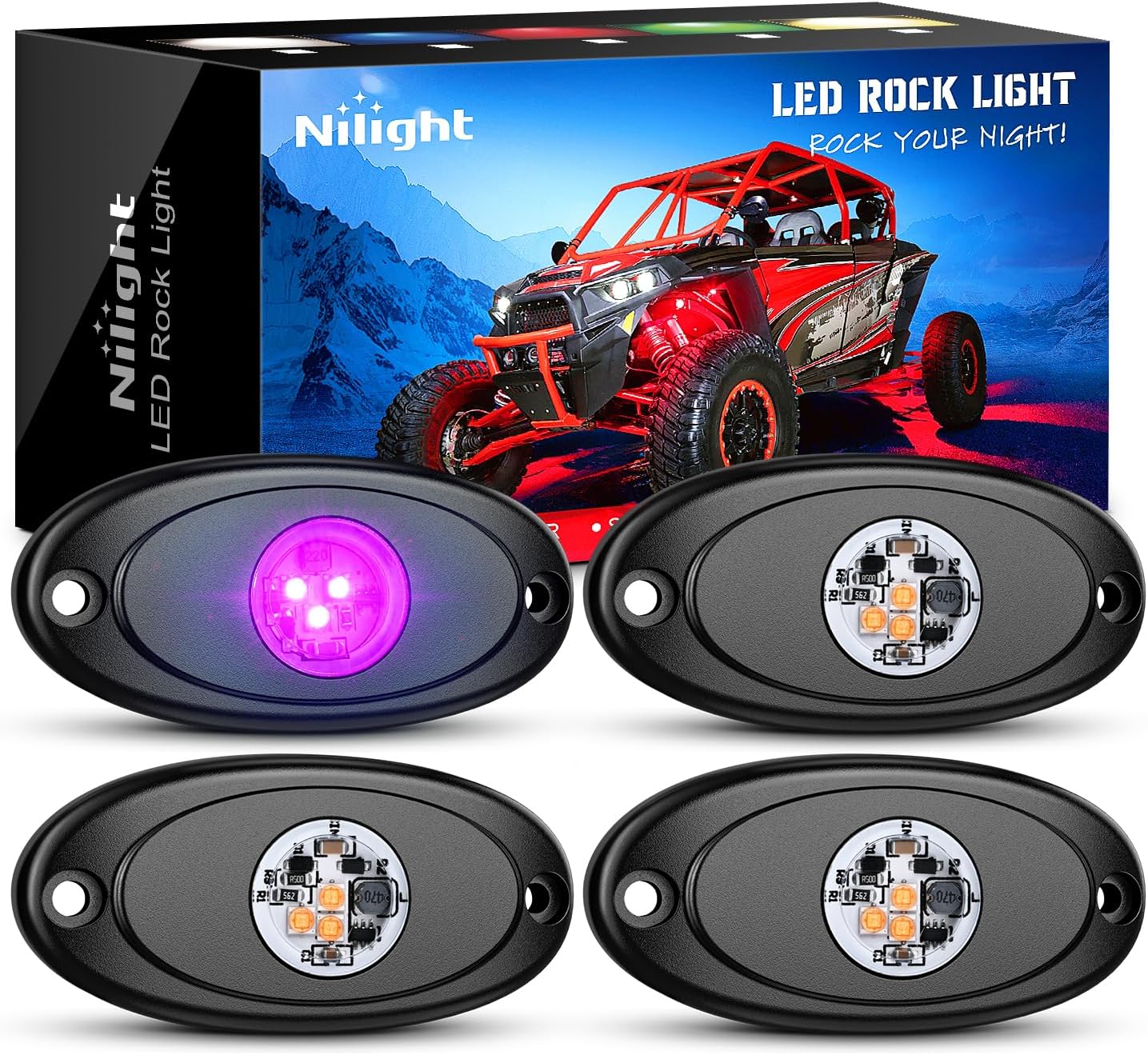 LED Rock Light 4PCS Pink Purple Underglow Wheel Well Fender Pods Waterproof Exterior Underbody Roof Rack Side Lamps for 12V 24V Car Truck Pickups ATV UTV SUV Motorcycle Boat product image