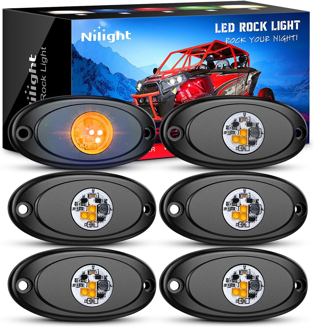 LED Rock Light 6PCS Amber Underglow Wheel Well Fender Pods Waterproof Exterior Underbody Roof Rack Side Lamps for 12V 24V Car Truck Pickups ATV UTV SUV Motorcycle Boat product image