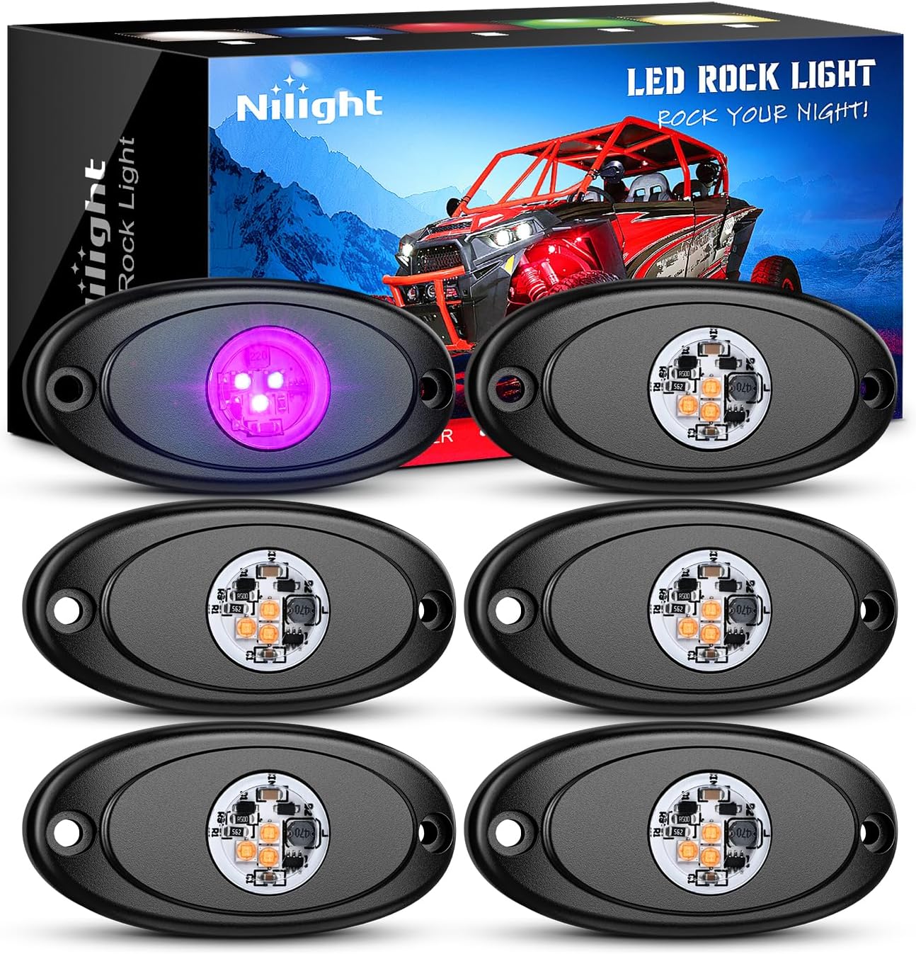 LED Rock Light 6PCS Pink Purple Underglow Wheel Well Fender Pods Waterproof Exterior Underbody Roof Rack Side Lamps for 12V 24V Car Truck Pickups ATV UTV SUV Motorcycle Boat product image