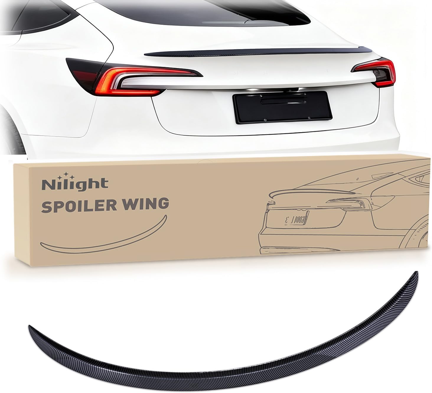 Spoiler Fit for Tesla Model 3 Highland 2024 Spoilers for Cars Rear Spoiler Wing Sporty Rear Trunk Lip Exterior Accessories No-Drill Installation ABS Carbon Fiber Pattern, Glossy Black product image