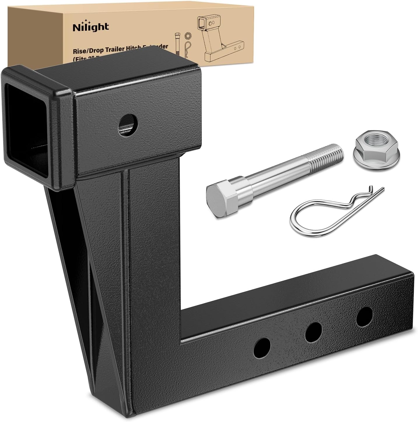 Trailer Hitch Extension Riser for 2 Inch Receiver with 8 Inch Rise or Drop with Bolt Nut Clip 10,000 lbs Capacity Adjustable Extend 4.7 Inch 6.7 Inch 8.6 Inch Length Black Coated for Class I-VI Receivers product image