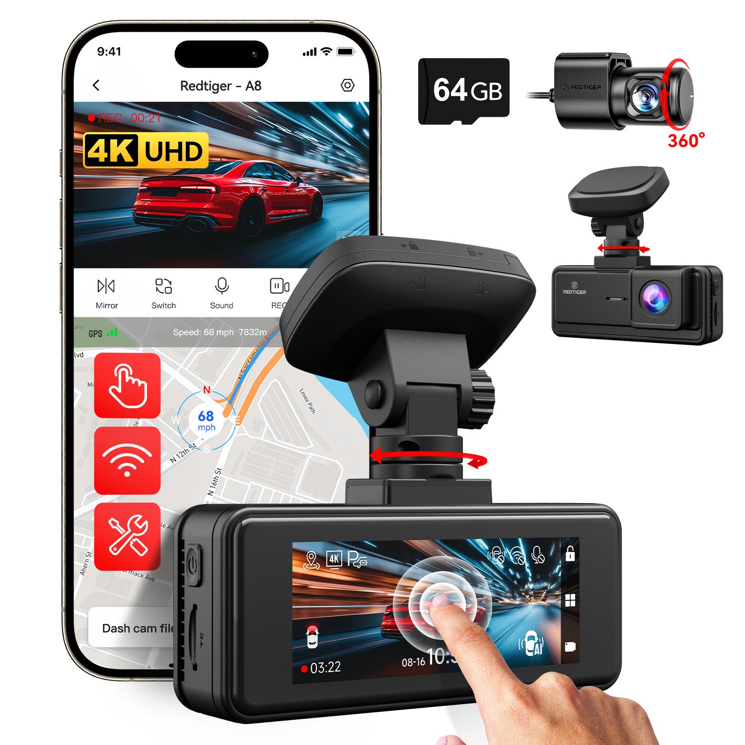 REDTIGER 4K Dash Cam Front and Rear, 3.18\" IPS Touch Screen Car Camera, Dual Dash cam with 64GB Card, Built-in GPS, Super Night Vision, 24H Parking Monitor, G-Sensor, Loop Recording（A8） product image
