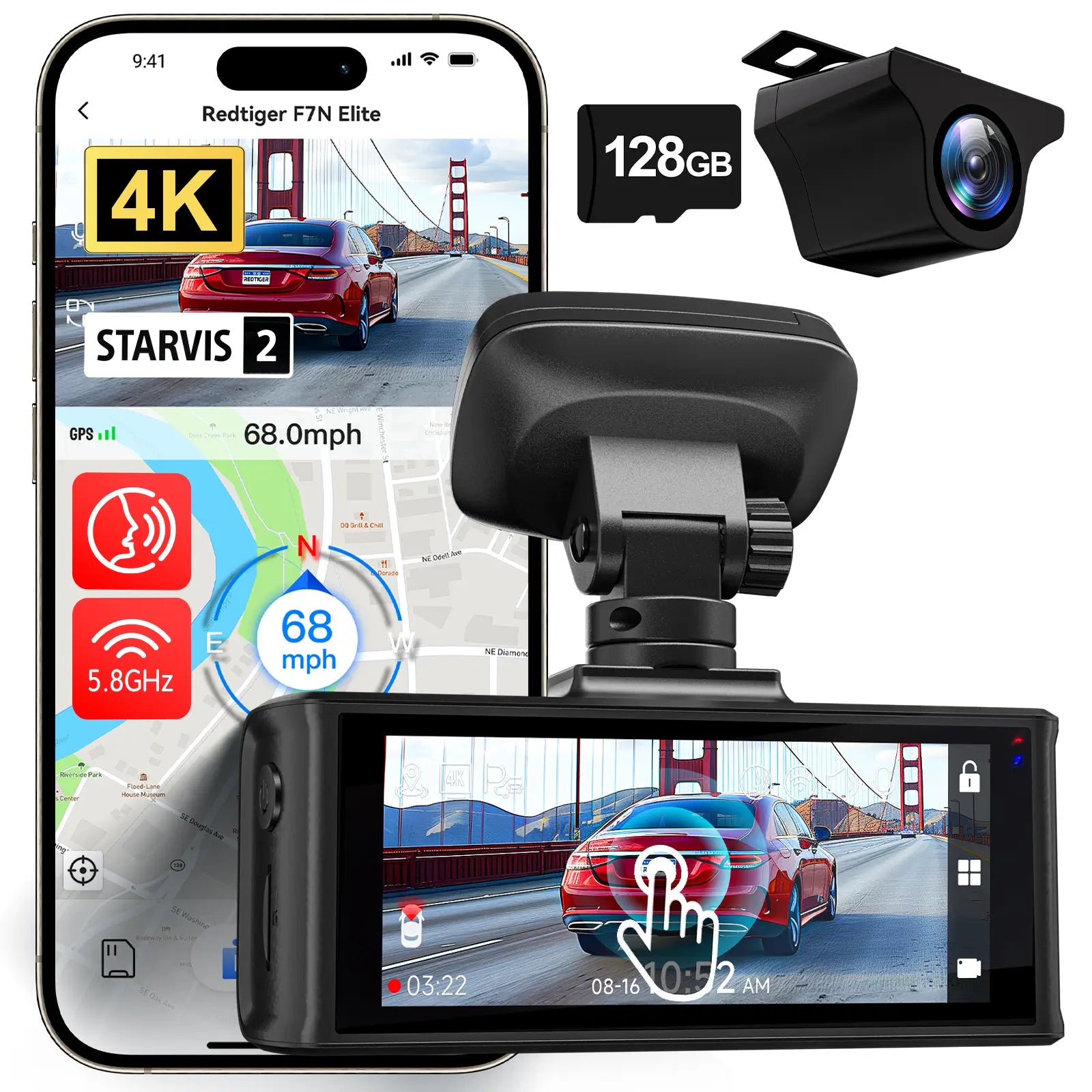 REDTIGER 4K HDR Dash Cam Front and Rear, STARVIS 2 Sensor, Dash Camera with 5.8GHz WiFi GPS, 3.18\" Touchscreen, Voice Control, Free 128G Card, WDR, APP Control, 24H Parking Mode product image