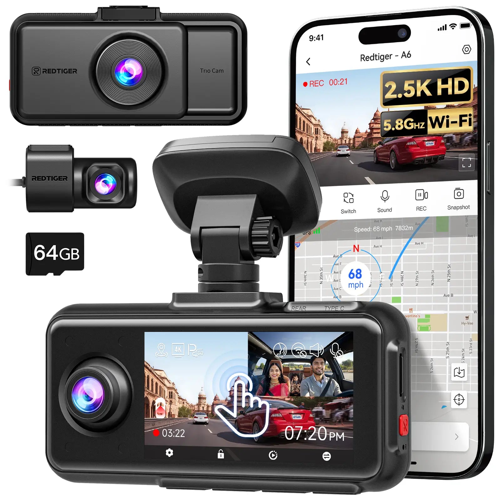 REDTIGER A6 3 Channel Dash Cam, Touch Screen, 2.5K+1080P+1080P Dash Cam Front and Rear Inside, 64GB Card, Triple Dash Camera with WiFi & GPS, Loop Recording, Night Vision product image