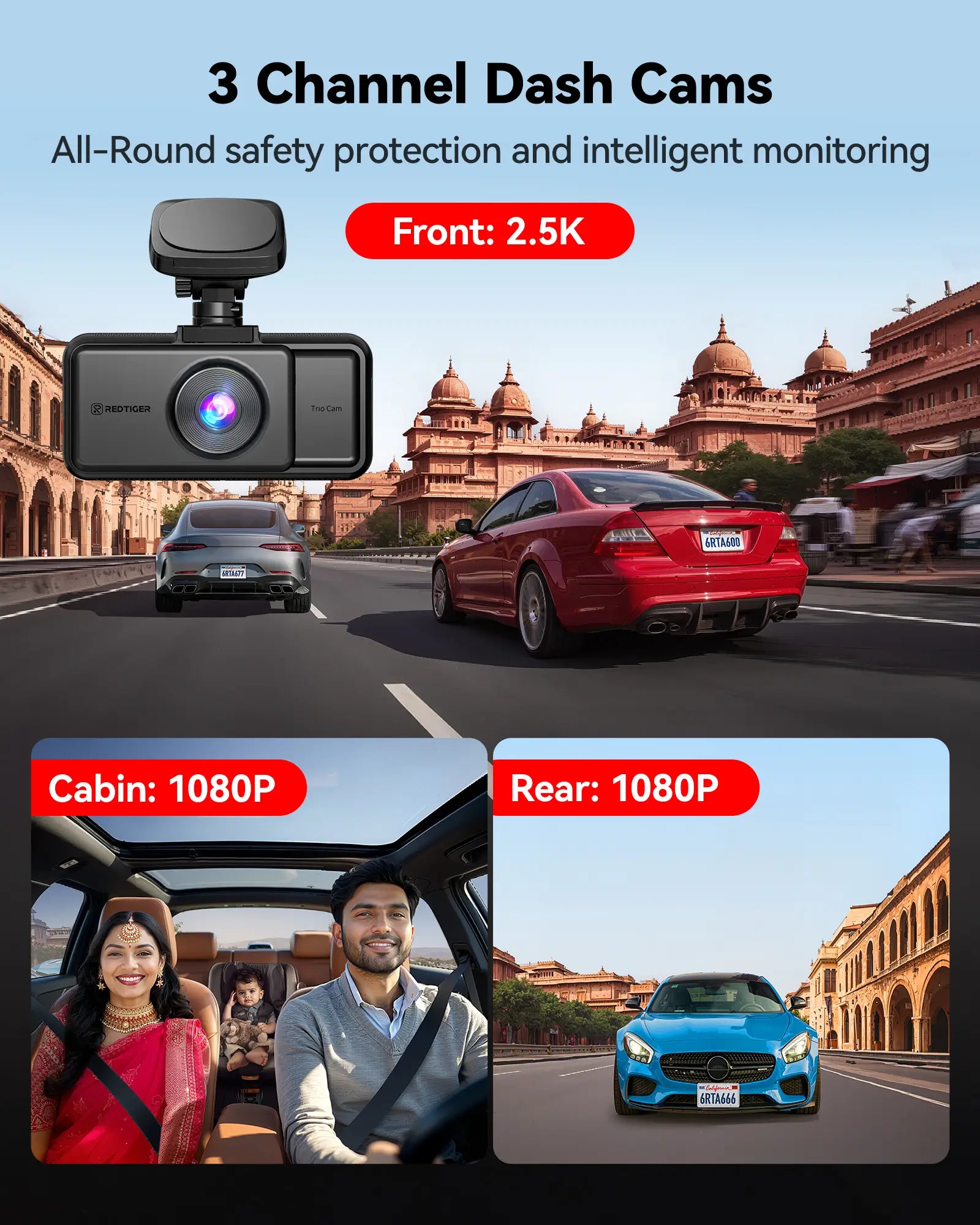 REDTIGER A6 Dash Cam Front and Rear, 4K/2.5K+1080P 5.8G WiFi & GPS dashcam, 3 Channel dash Cam with 64GB Card, 2.5K+1080P+1080P Dash Camera for Car, Super Night Vision, Loop Recording, Parking Mode product image