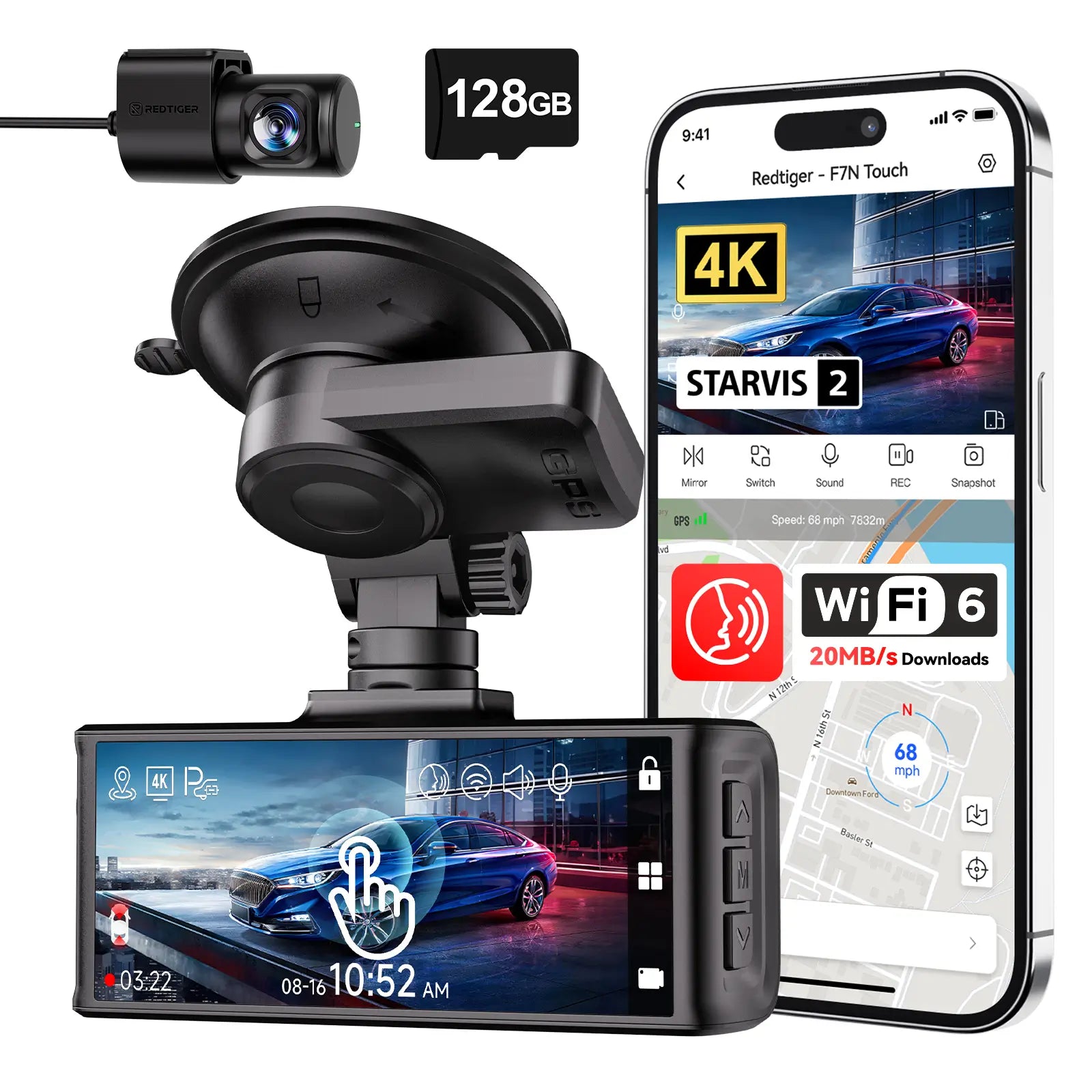 REDTIGER Touch Screen Dash Cam Front and Rear, 4K Dash Camera with STARVIS 2 Sensor, Free 128GB Card, Car Camera with Wifi GPS, Voice Control, WDR,5.8GHz WiFi, 24H Parking Mode, Night Vision product image