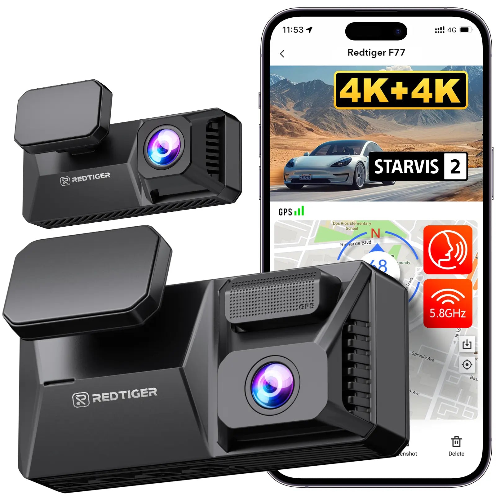 Redtiger F77 Dual 4K STARVIS 2 IMX678 Voice Control 5.8GHz High Speed WIFI Dash Cam product image